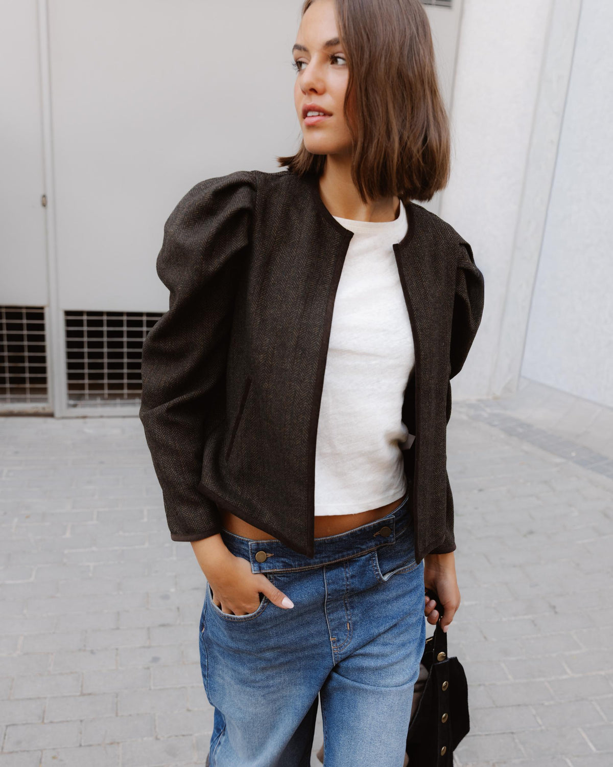 Chaqueta Manga Abullonada Espiga Marrón