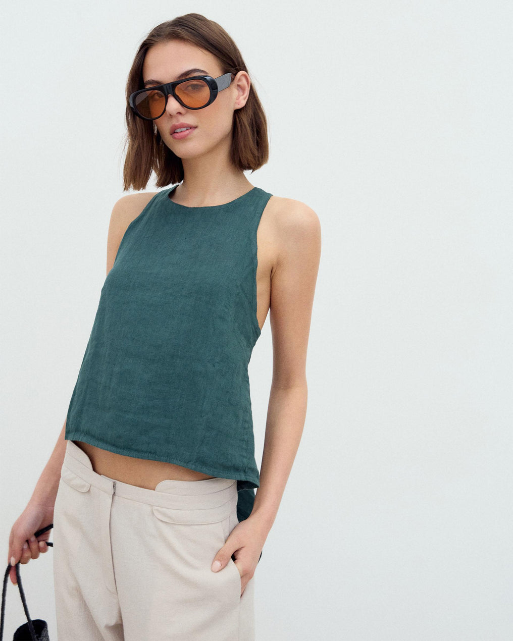 Dark Green Backless Linen Top
