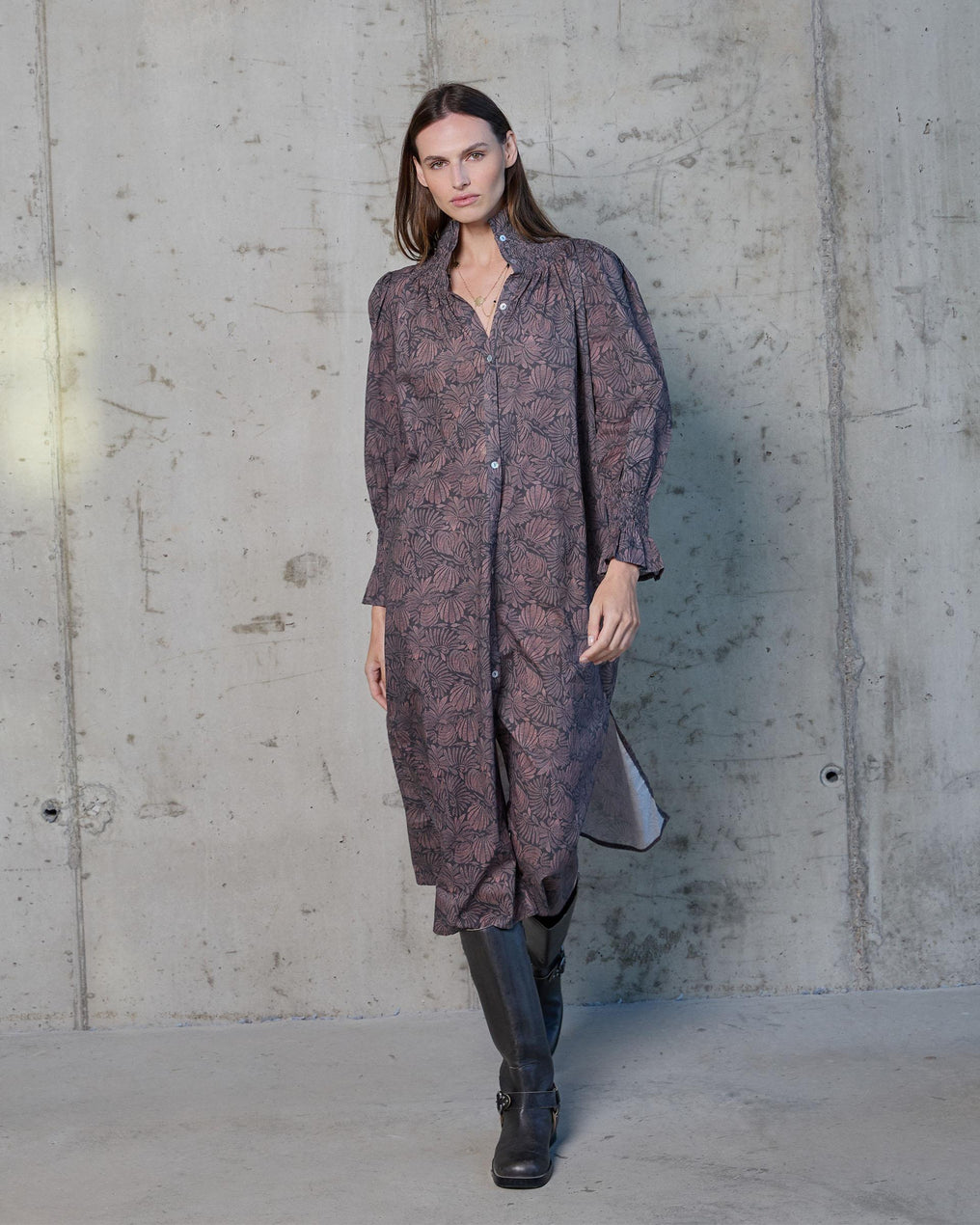 Vestido Manga Abullonada Estampado Antracita