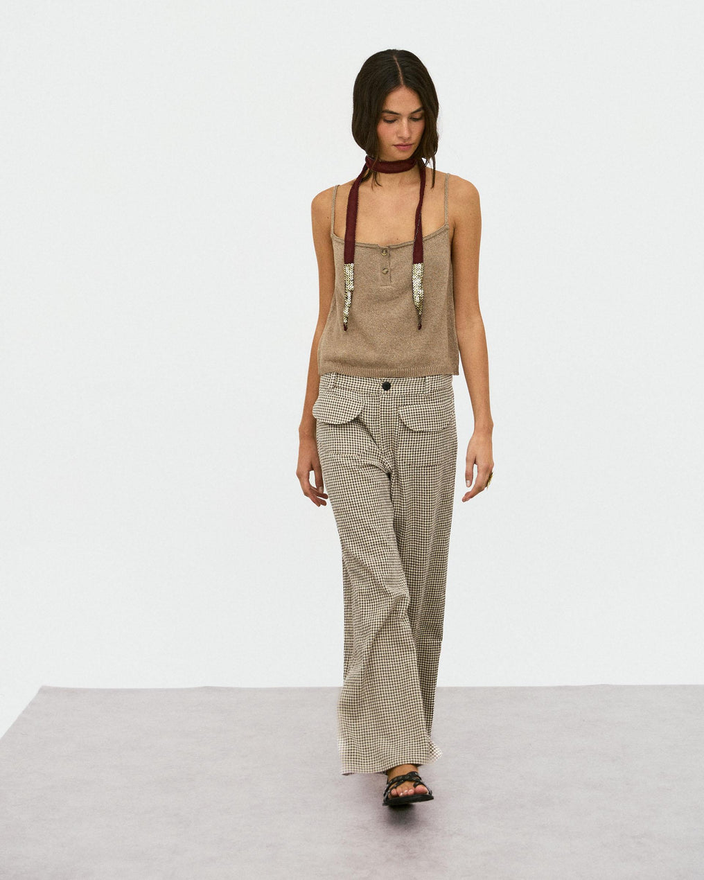 Pantalón Cuadros Bolsillos Seersucker Beige