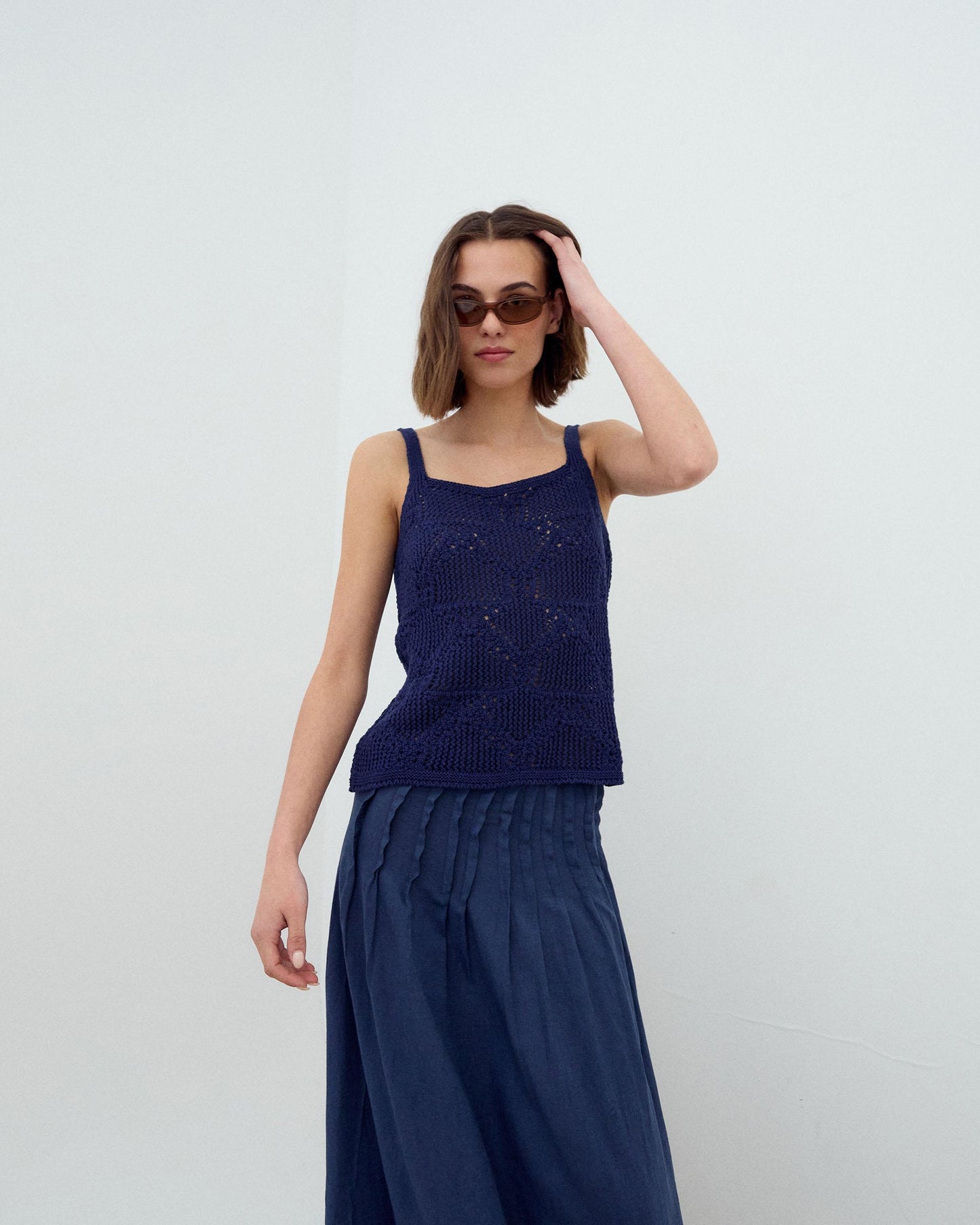 Top Maille Bretelles Ajourés Bleu Marine