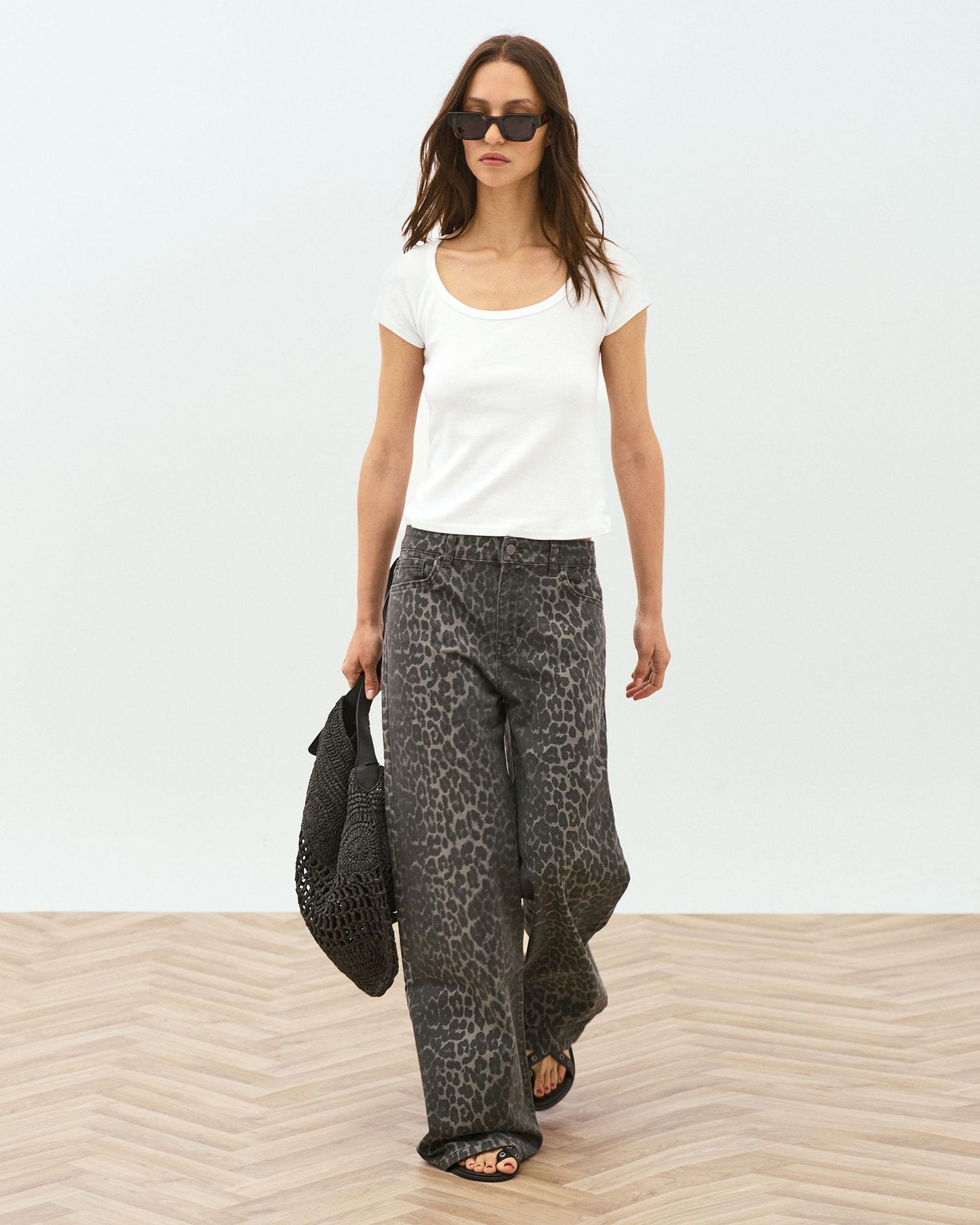 Jeans Wide Leg Animal Print Cinzento