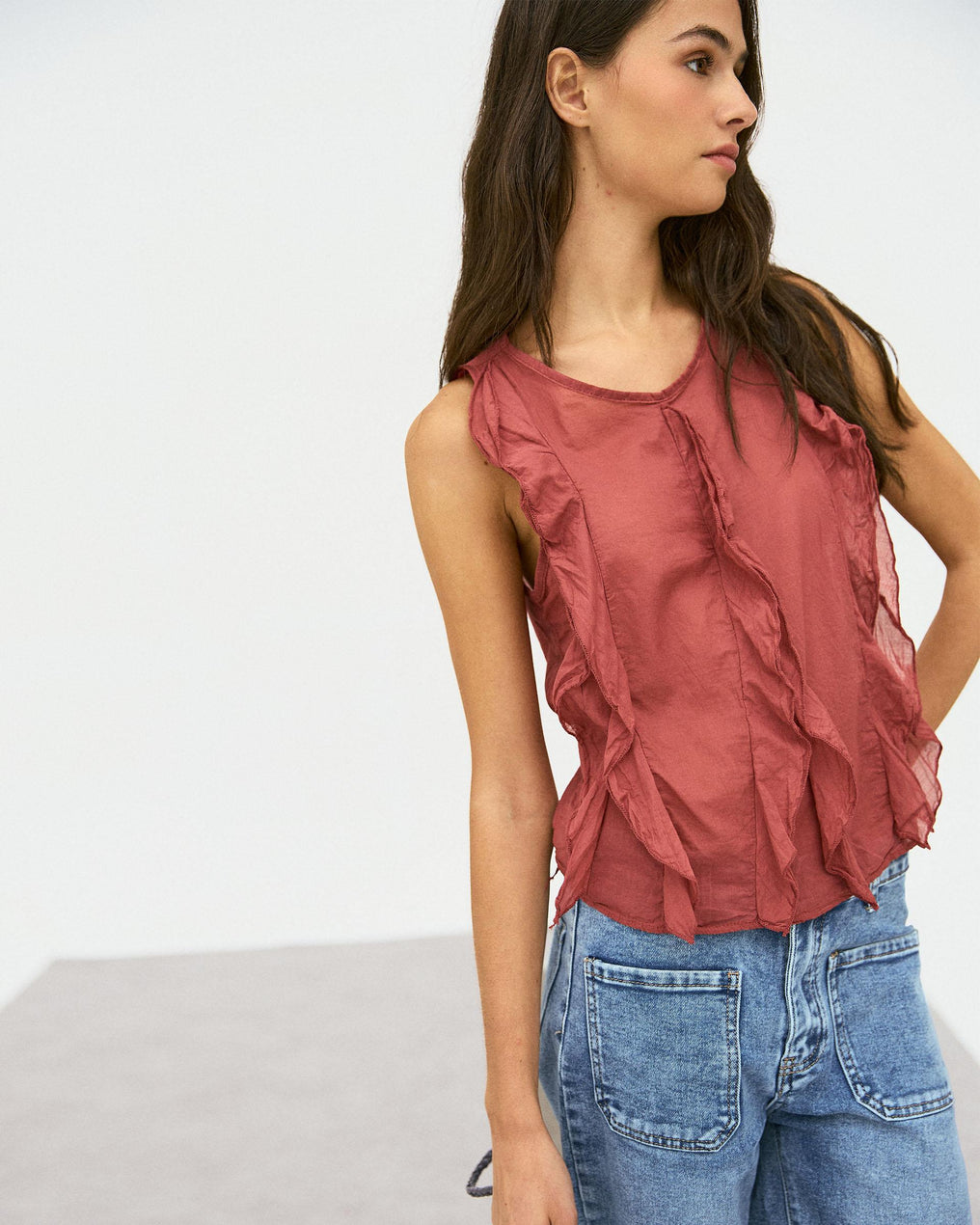 Blusa Volantes Delanteros Teja