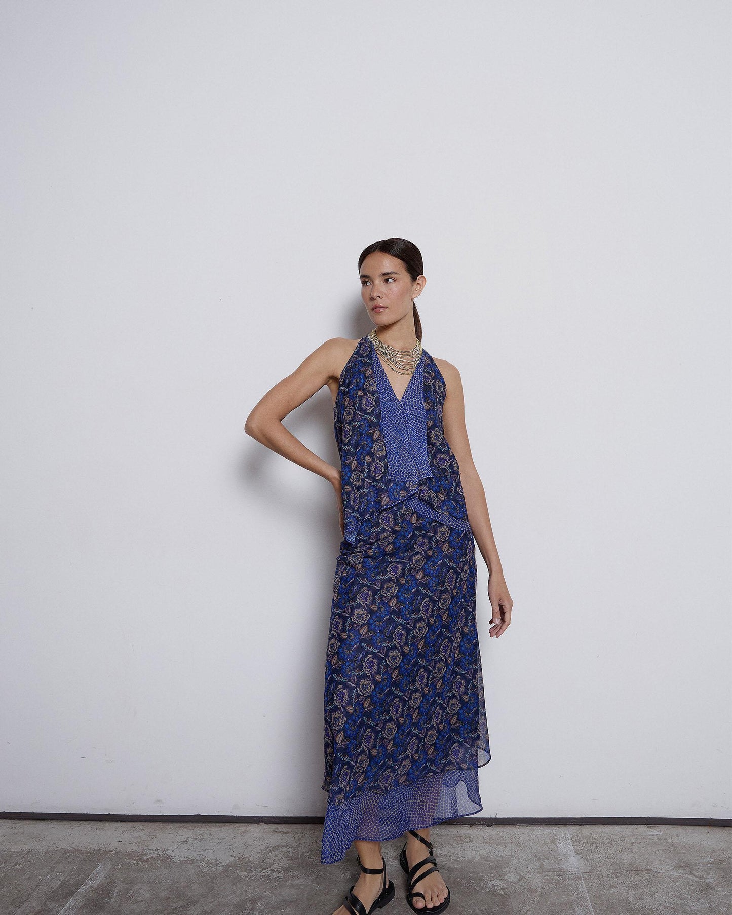 Falda Picos Estampado Flores Y Puntos Azul