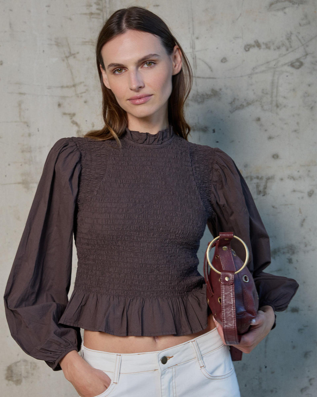 Brown Honeycomb Blouse with Puff Sleeves