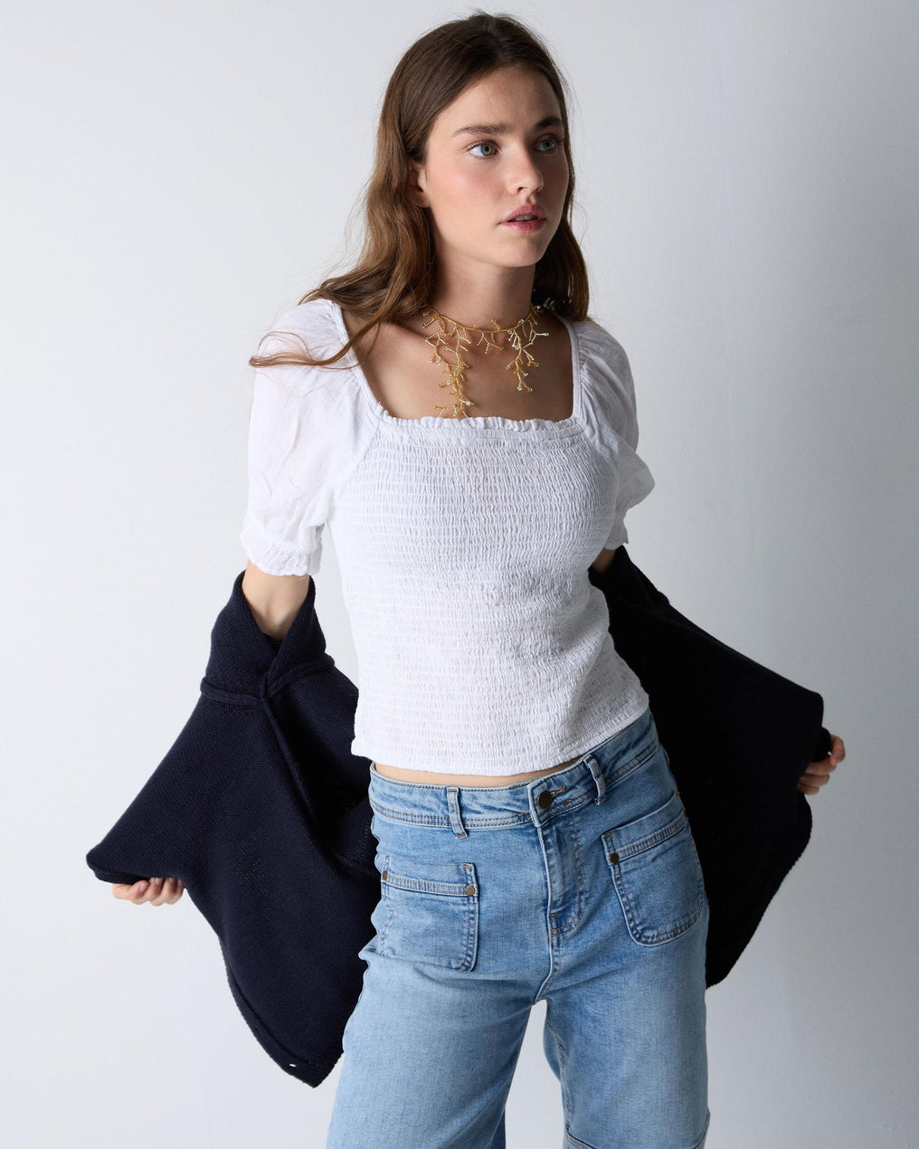 Honeycomb Blouse with White Back Neckline
