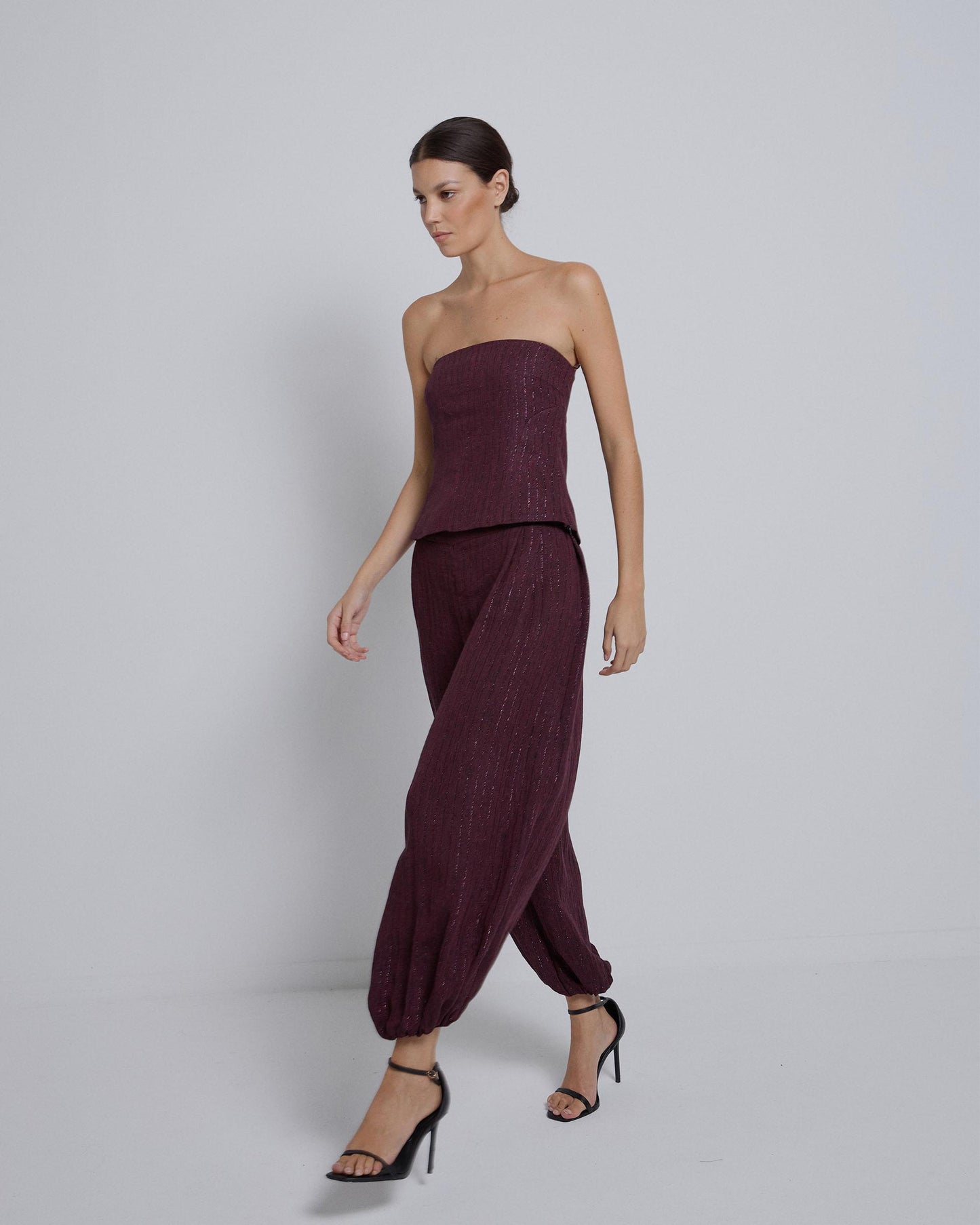 Top Sin Tirantes Tejido Rayas Lurex Burdeos