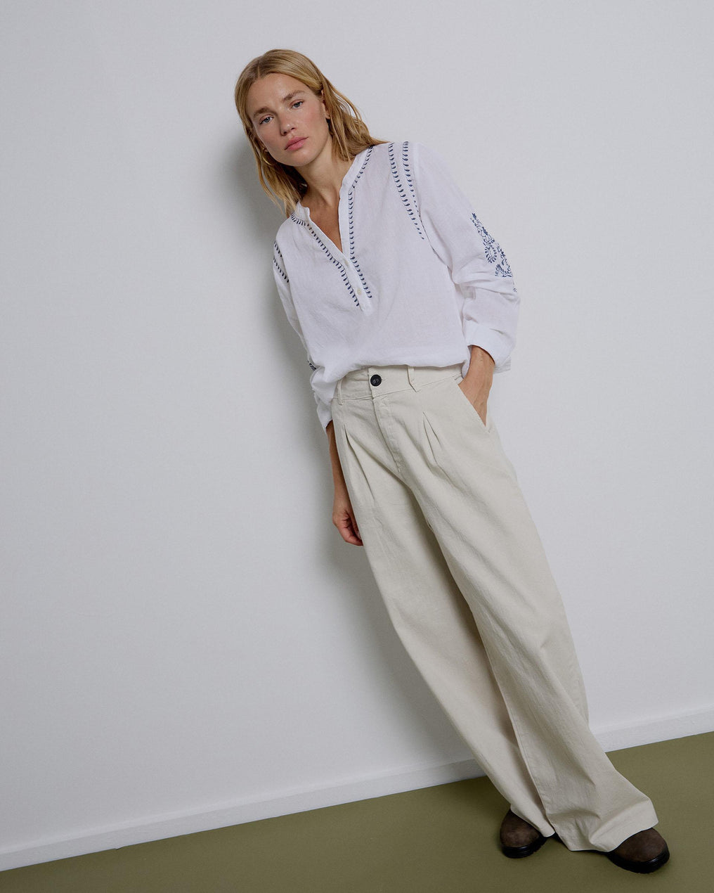 Beige Long Pleated Trousers