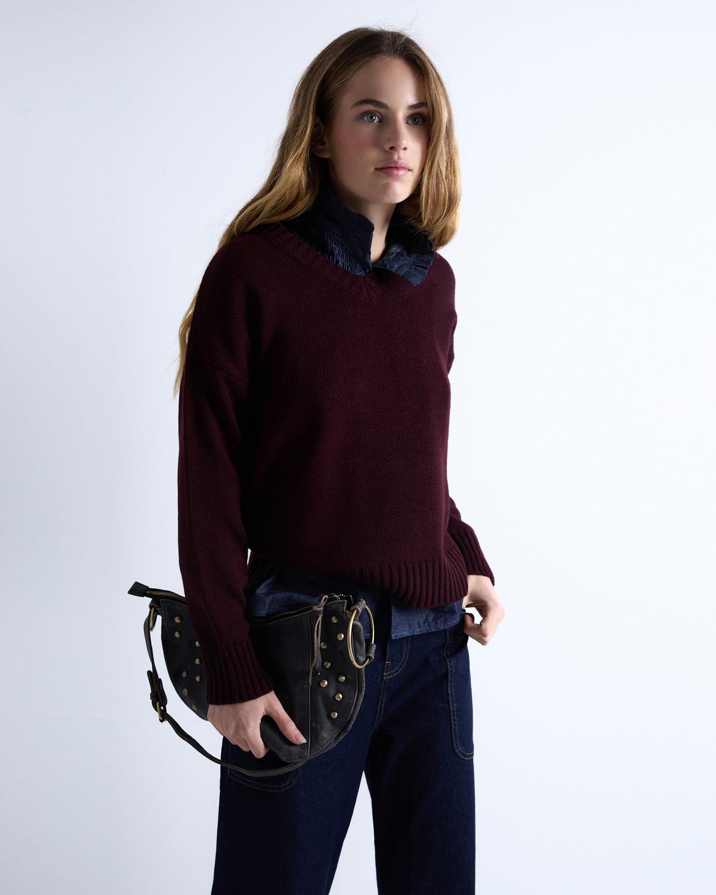 Burgundy Ribbed V-Neck Sweater