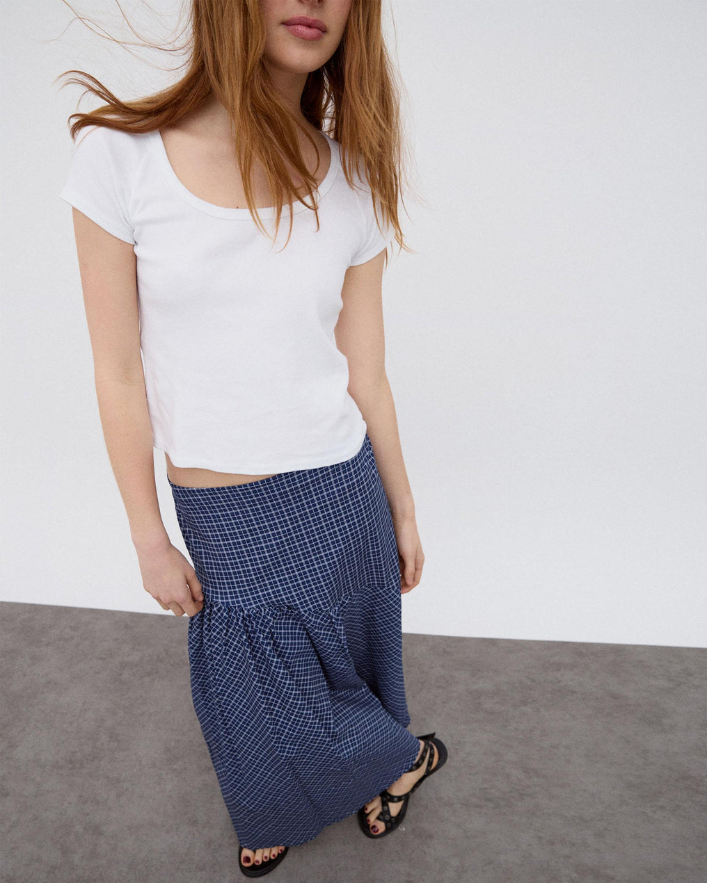 Dark Blue Plaid Asymmetrical Yoke Skirt