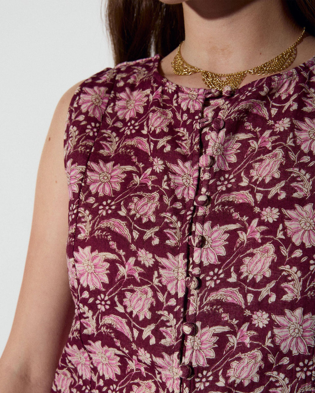 Top with Covered Buttons in a Burgundy Floral Print