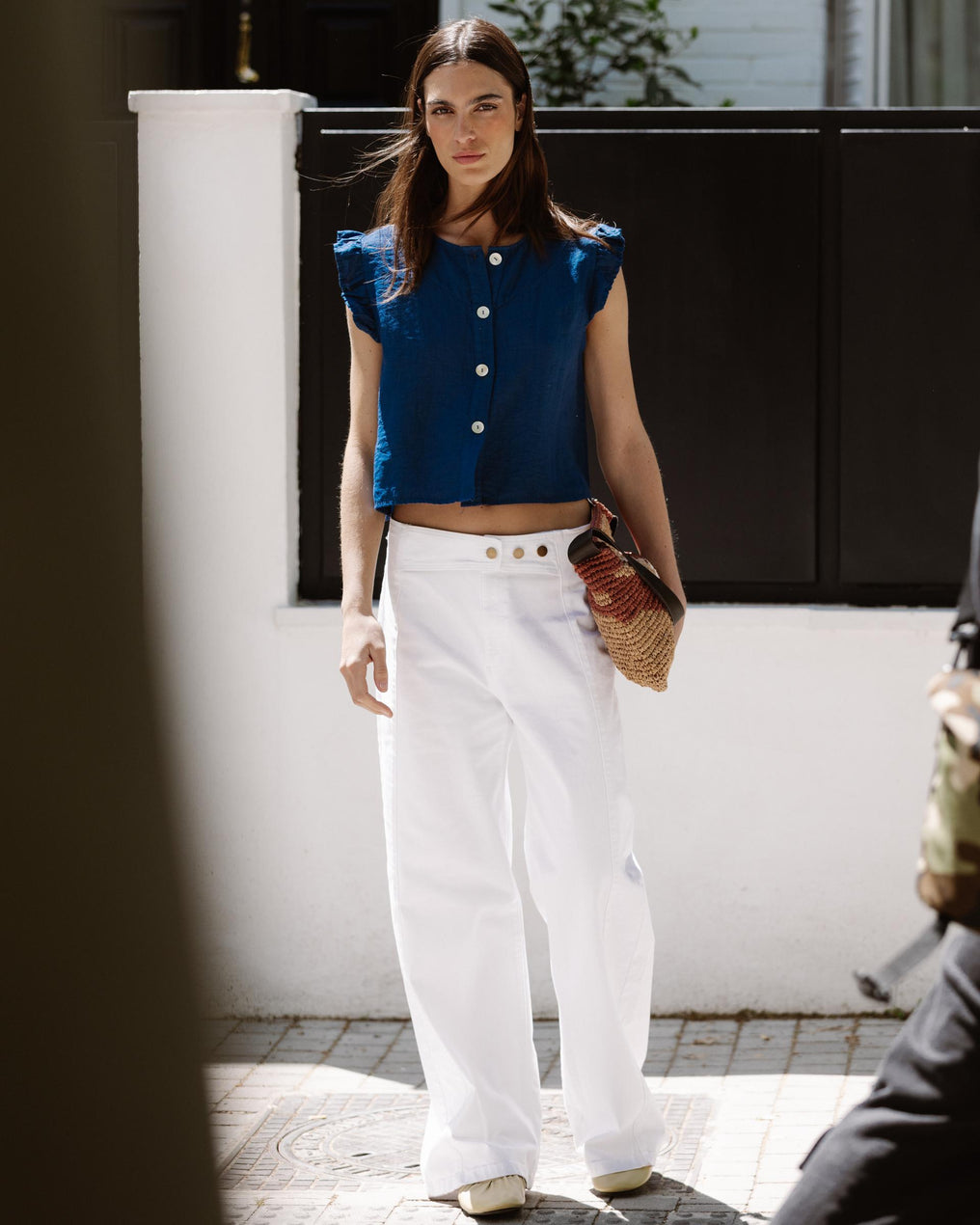 Blusa Sin Mangas Volantes Botones Azul Marino