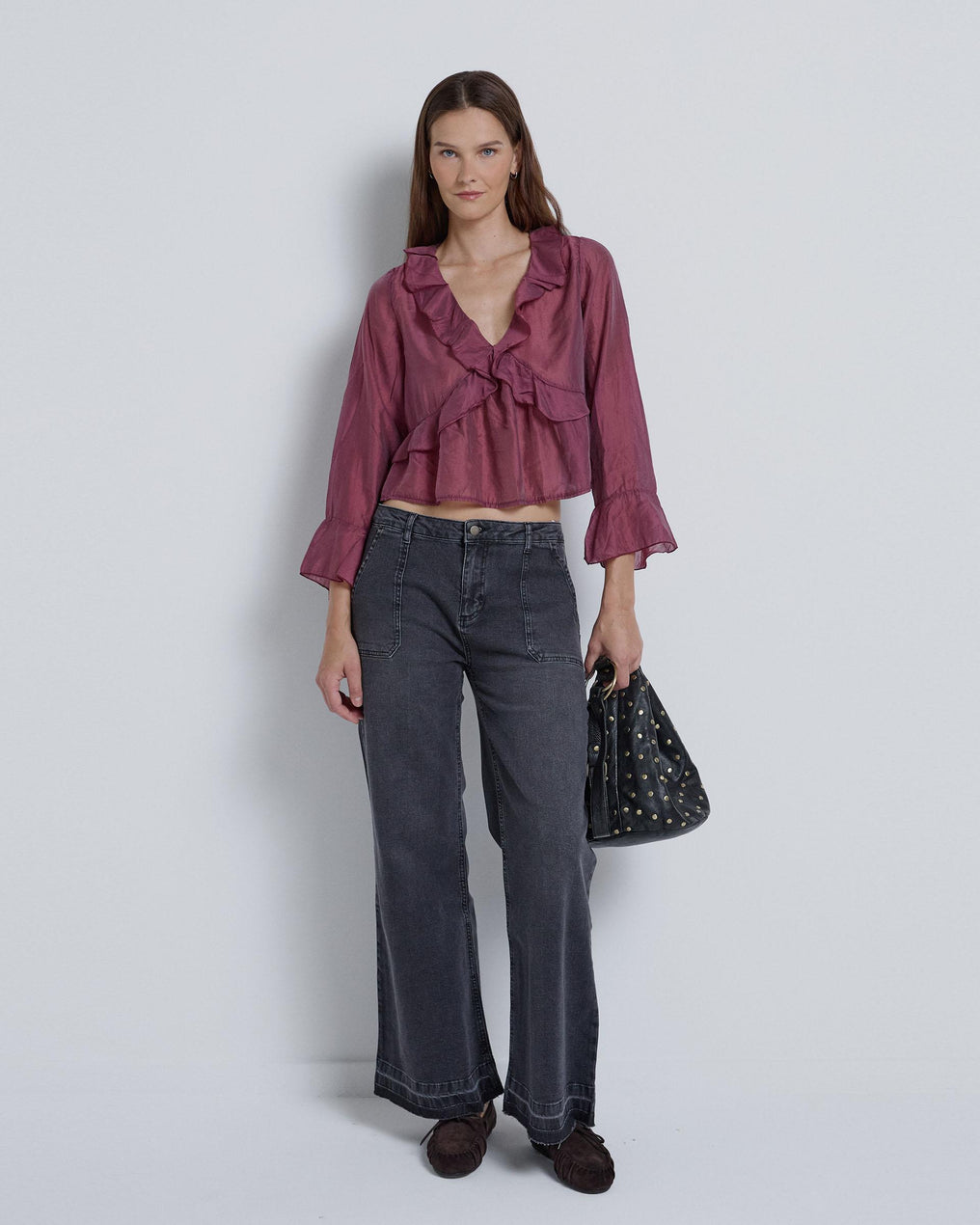 Blusa roxa com folhos cruzados