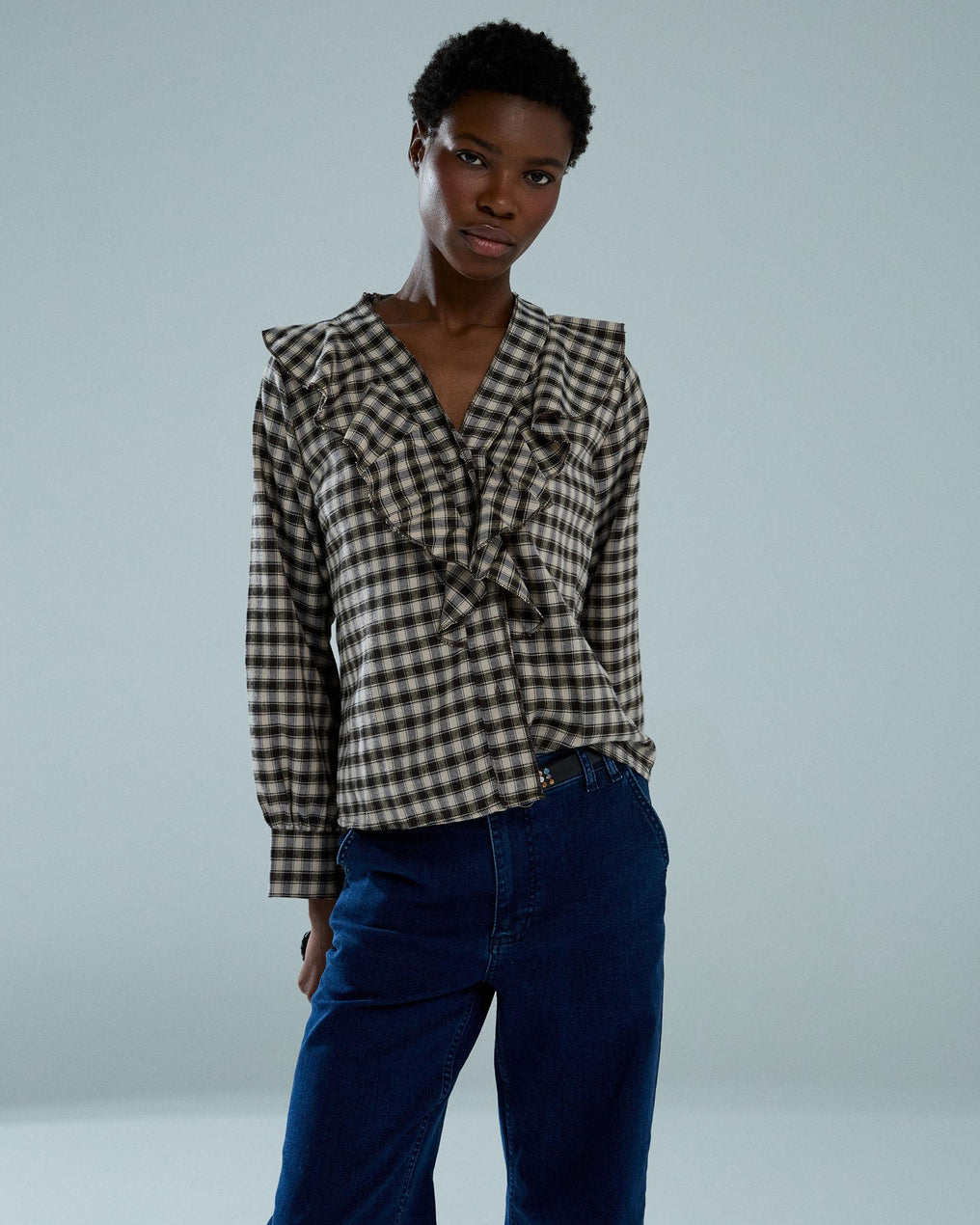 Blusa Volante Delantero Cuadros Marrón