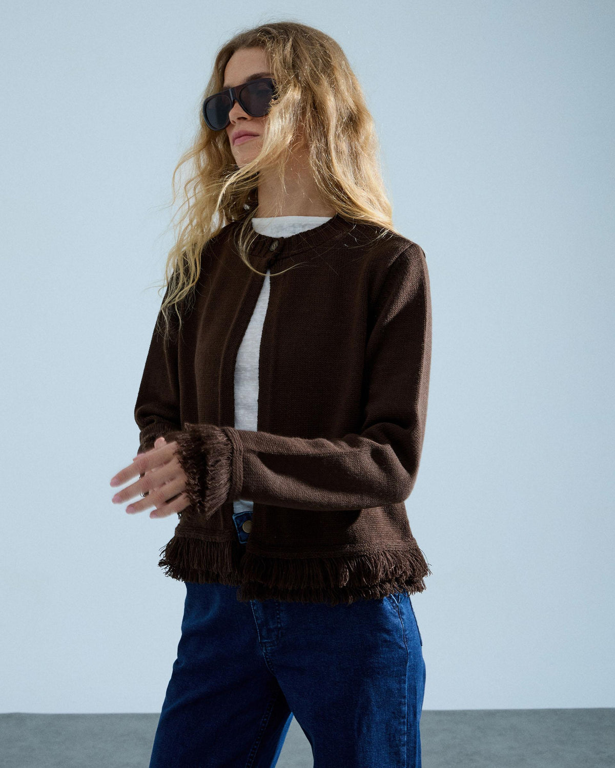 Chaqueta Punto Flecos Marrón