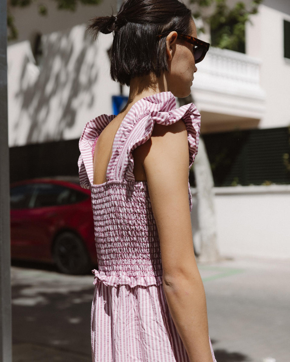 Vestido Gomas Volantes Rosa