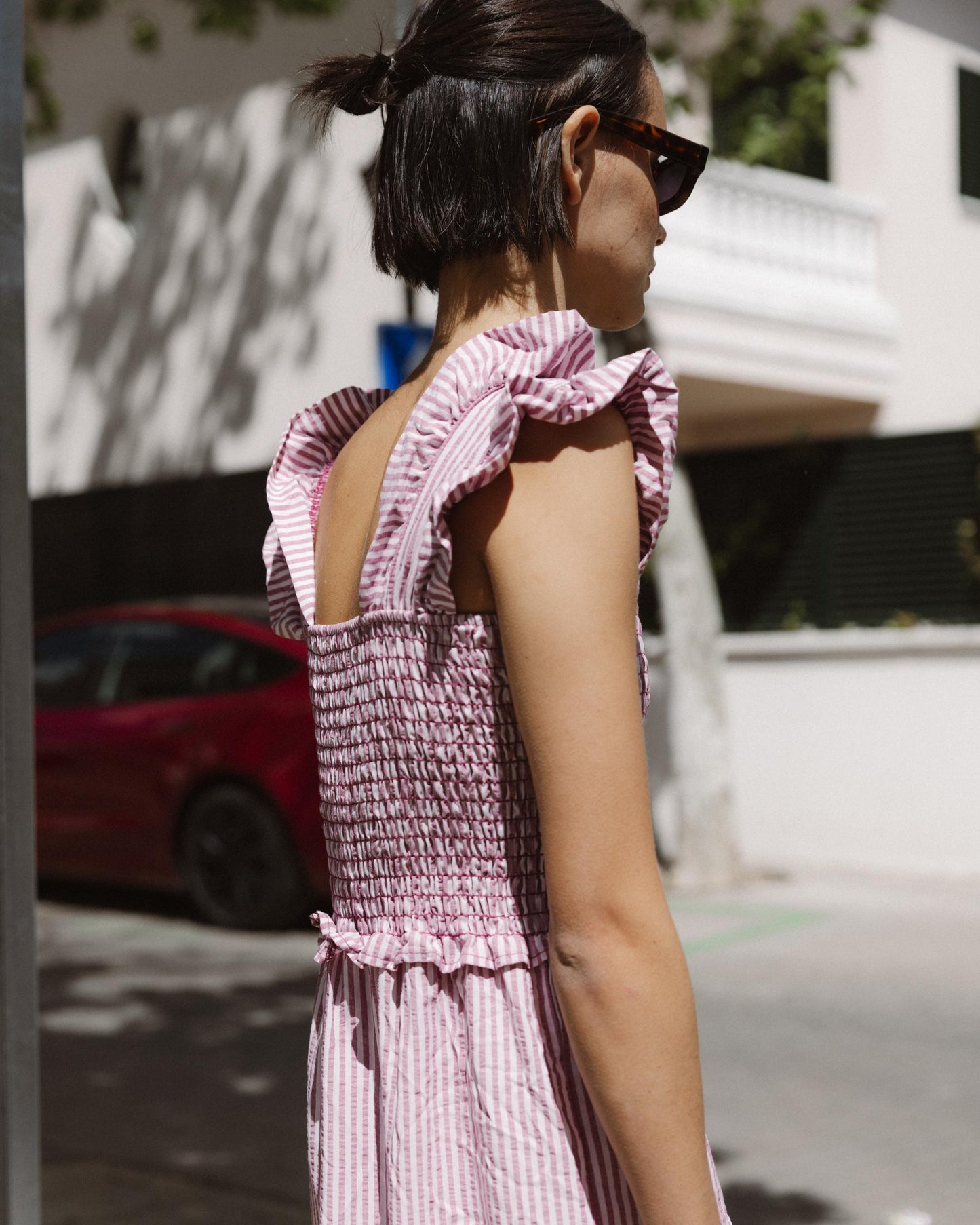 Vestido Gomas Volantes Rosa