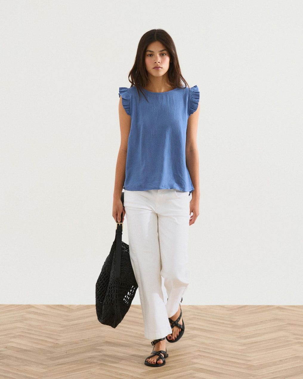 Blue Linen Back Button Top