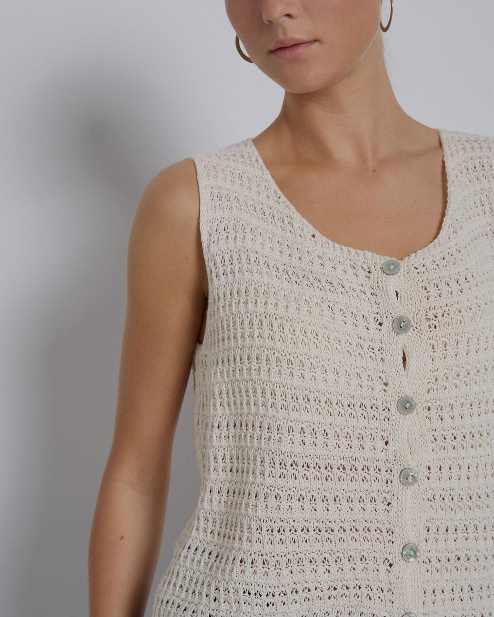 Beige Openwork Button Vest
