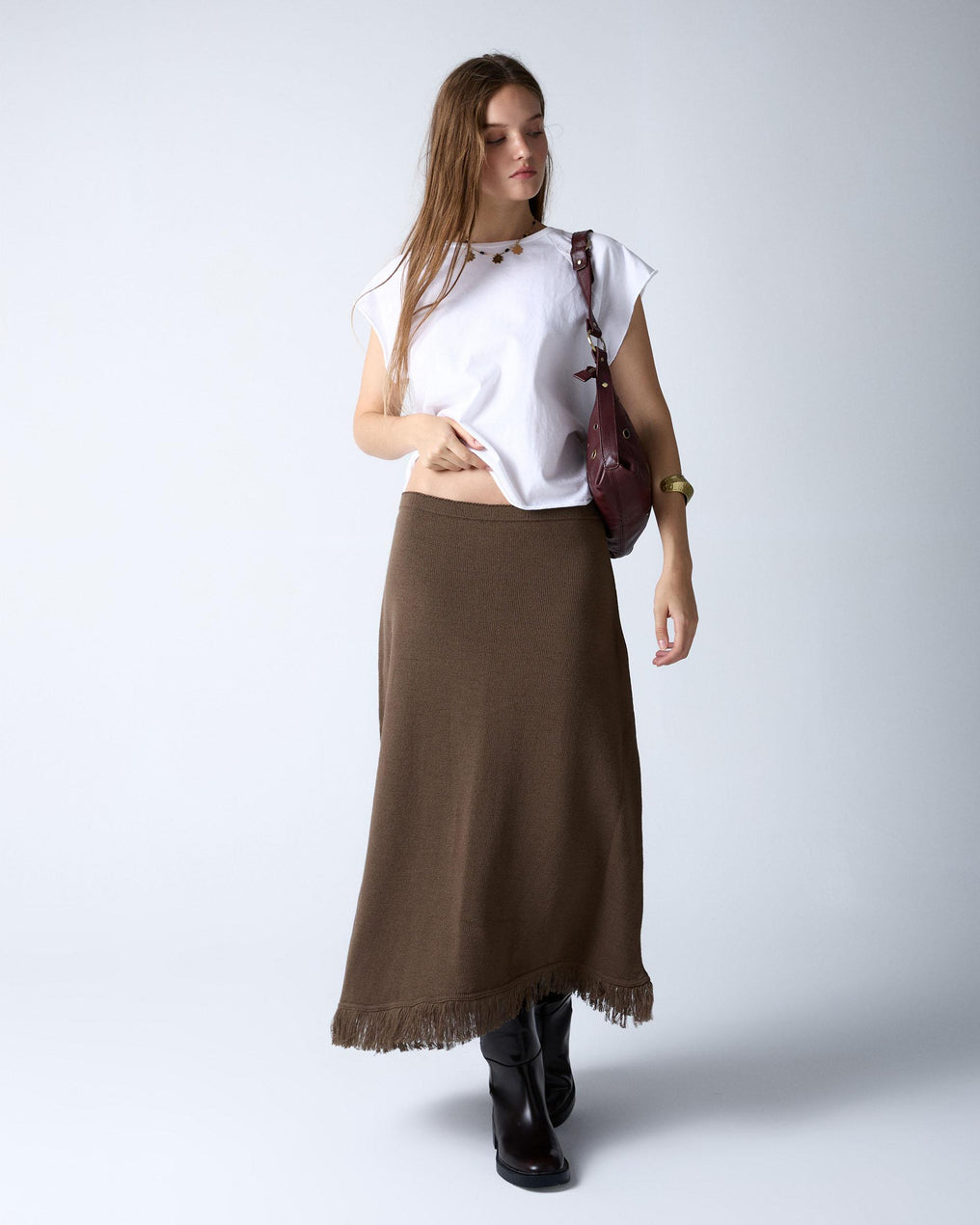 Dark Green Asymmetrical Fringed Knit Skirt