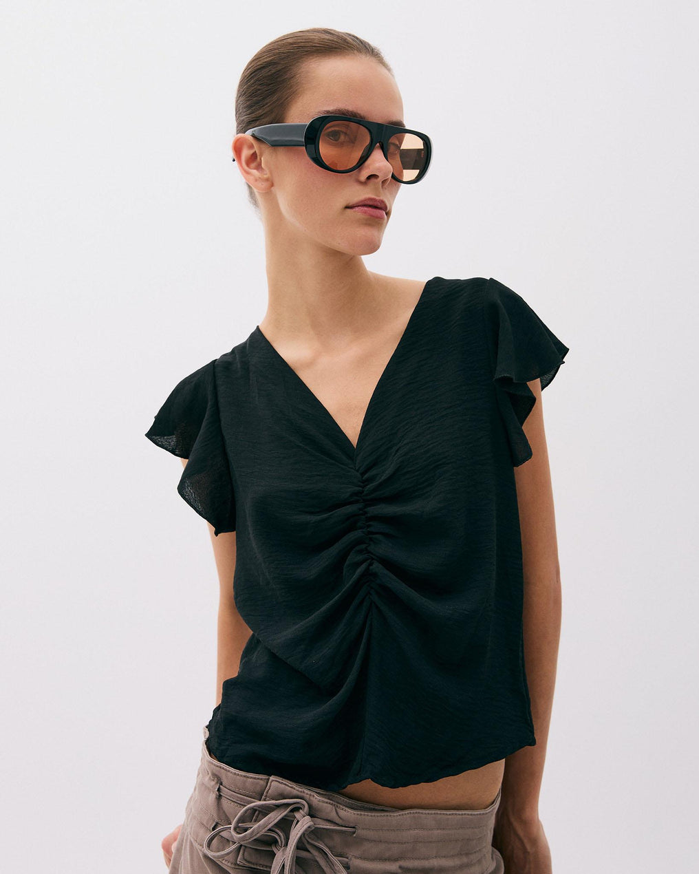 Black Gathered Short Sleeve Blouse