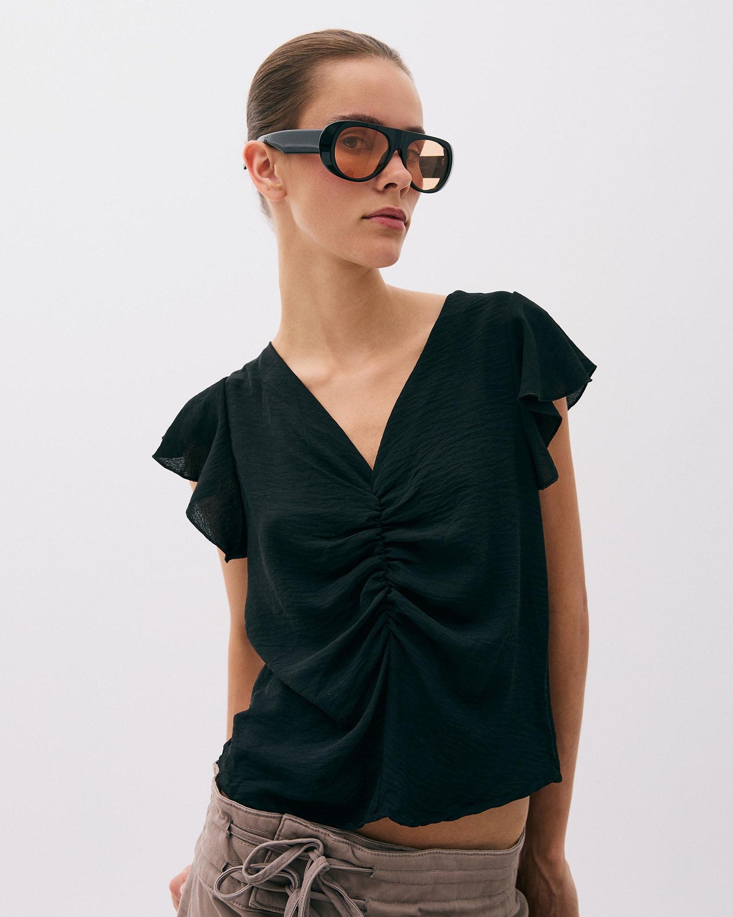 Black Gathered Short Sleeve Blouse