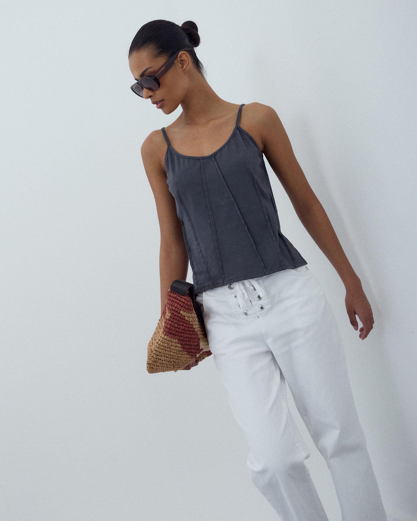 T-shirt Alças Nervuras Antracite