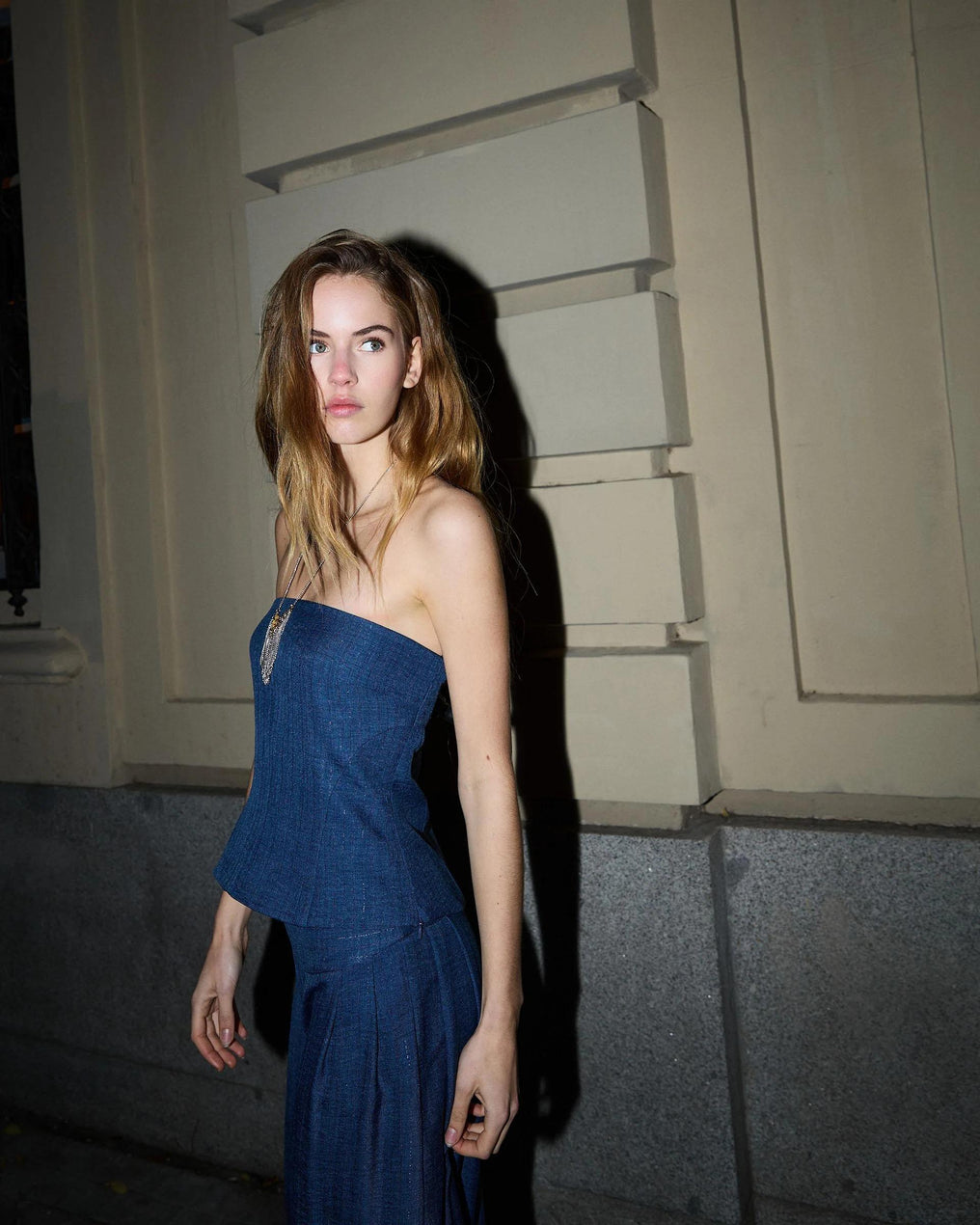 Top Sin Tirantes Tejido Rayas Lurex Azul Oscuro