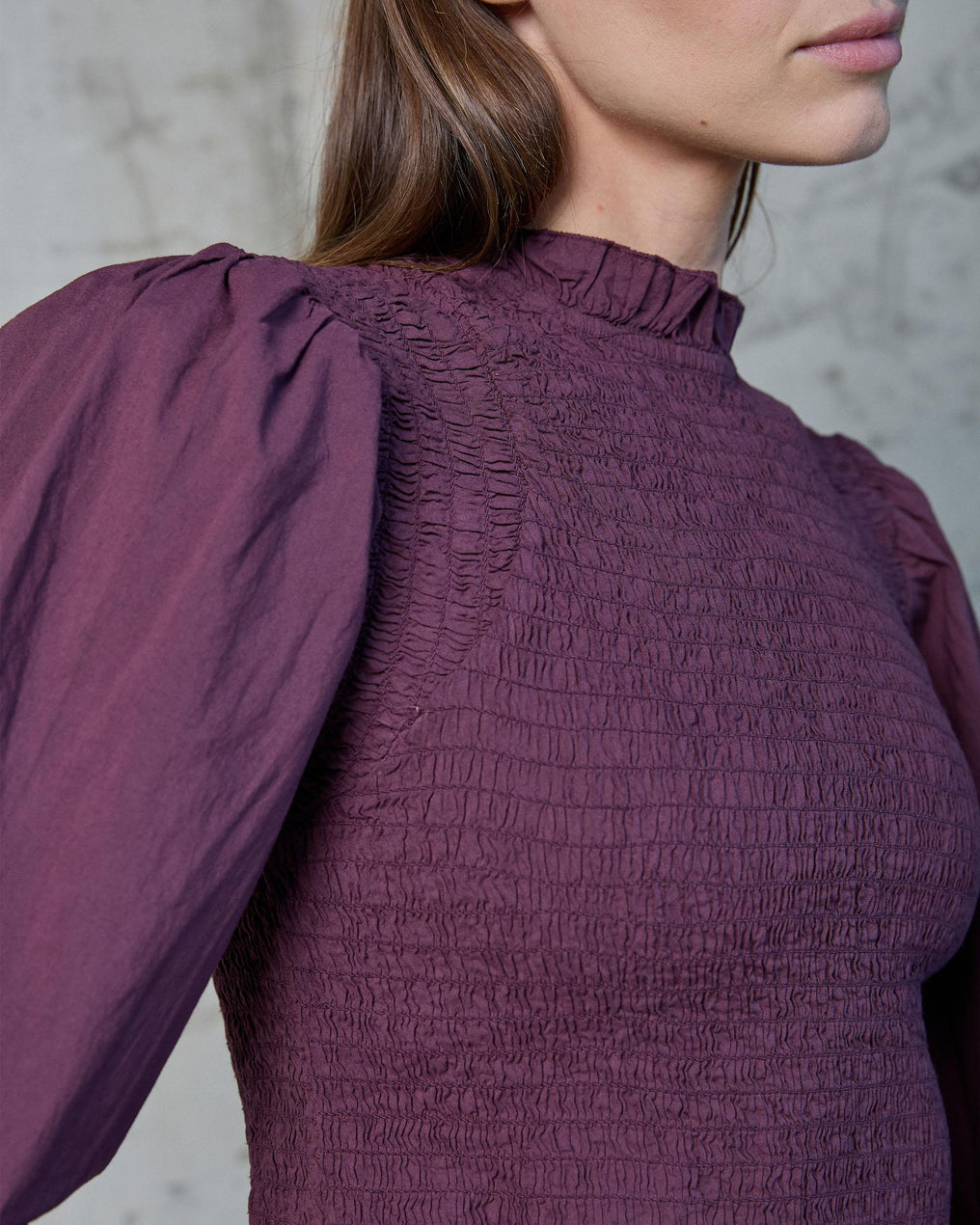 Purple Honeycomb Blouse with Puff Sleeves