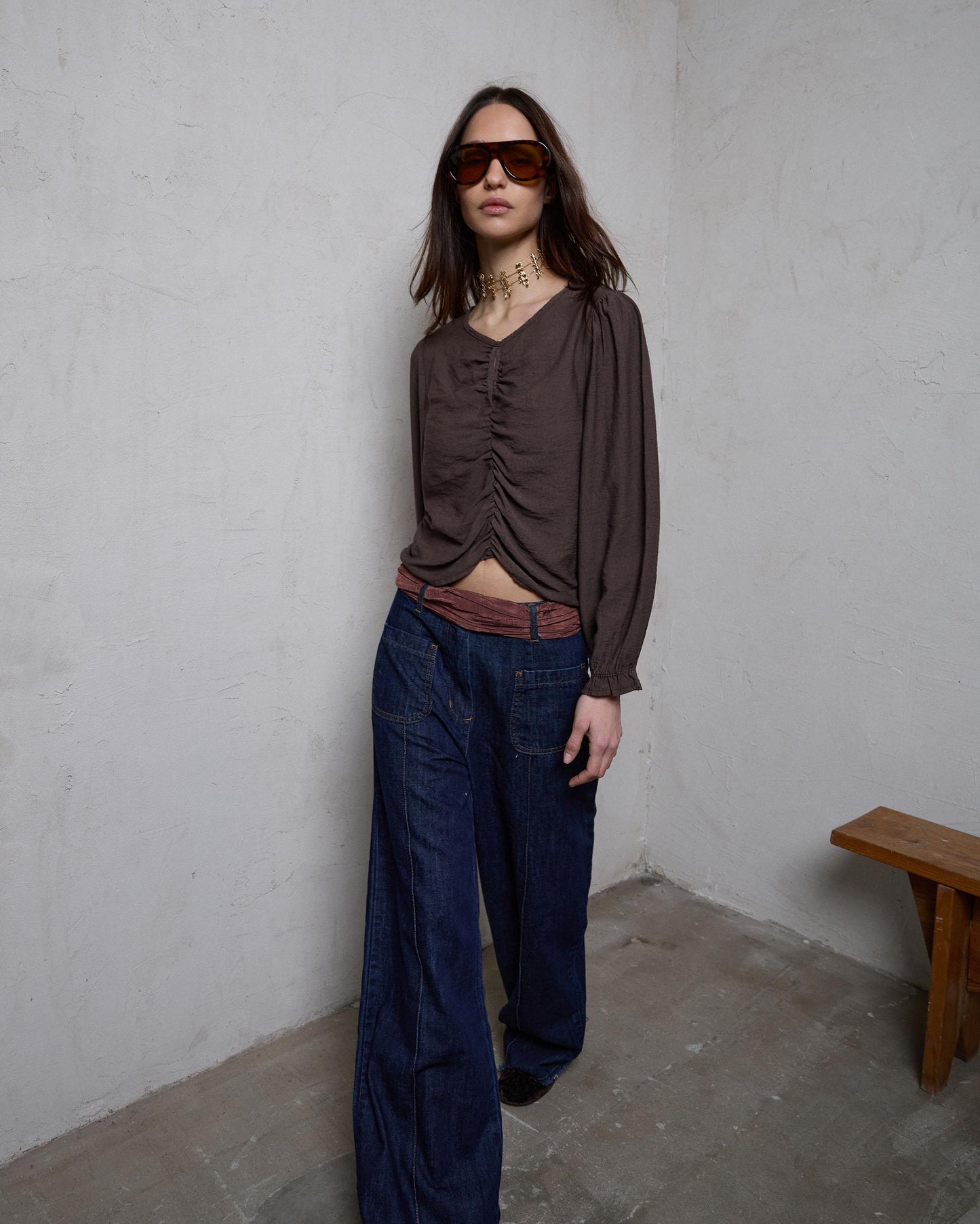 Blusa Fruncido Delantero Marrón