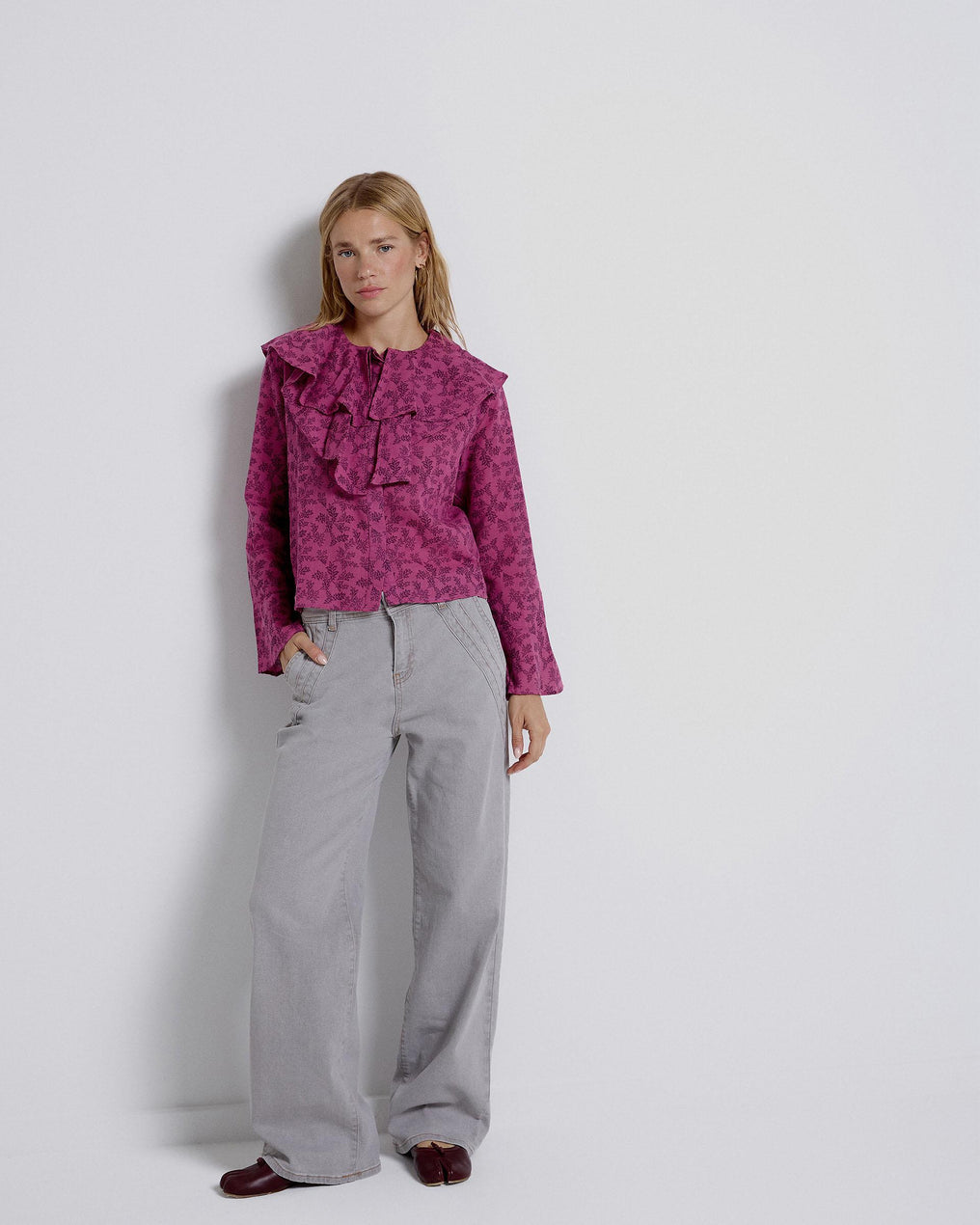 Blusa Volantes Asimétricos Estampada Rosa