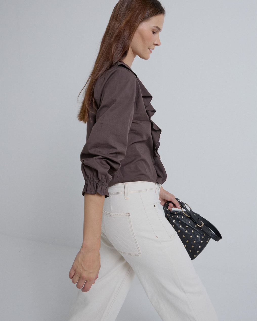 Brown V-Neck Ruffle Blouse