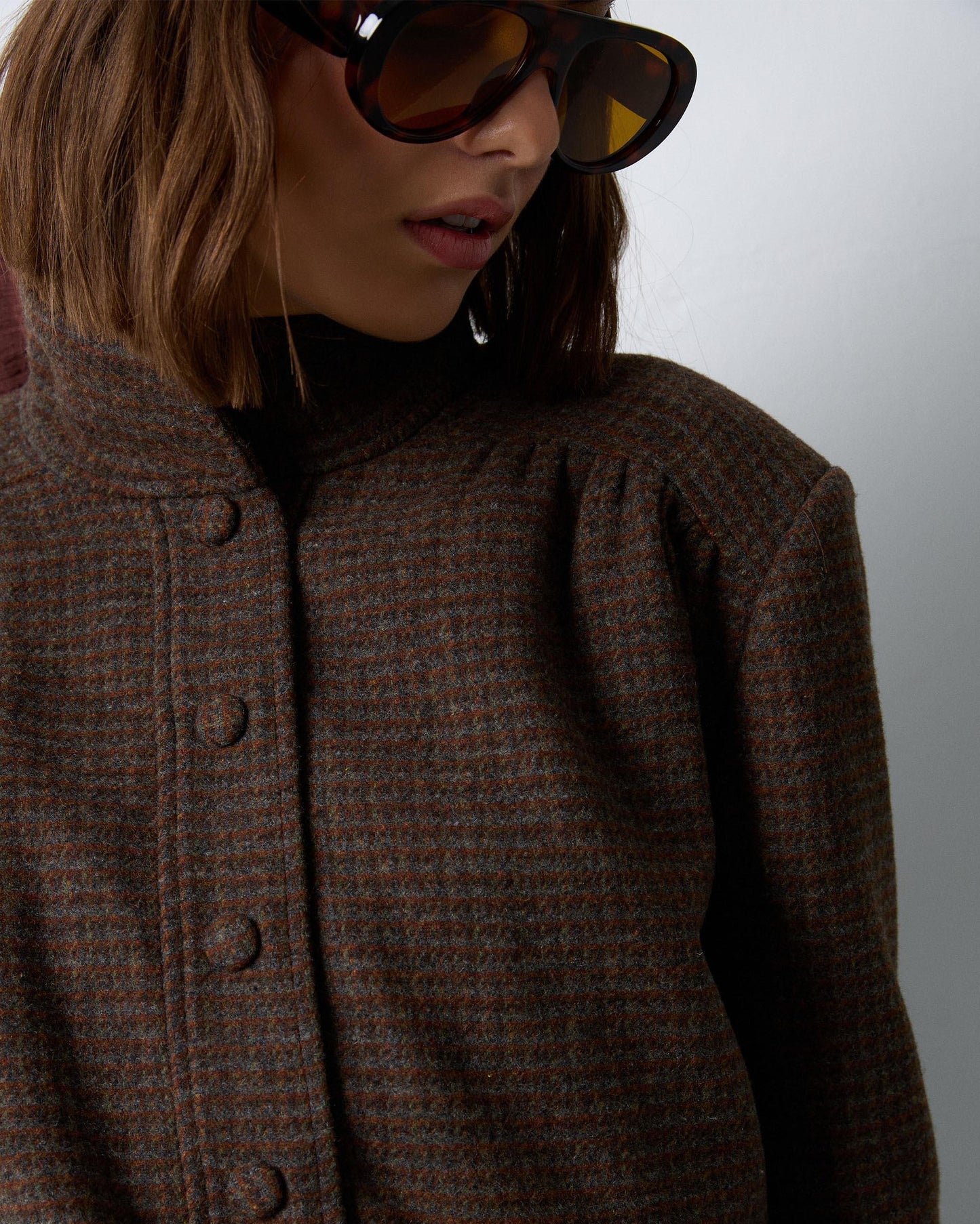 Chaqueta Bomber Canesú Cuadros Con Lana Marrón