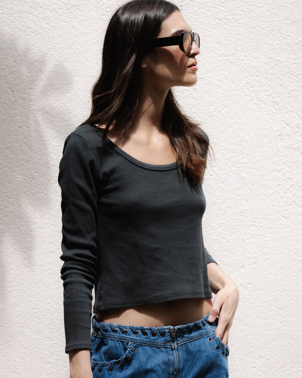 T-shirt Rib Decote Redondo Antracite