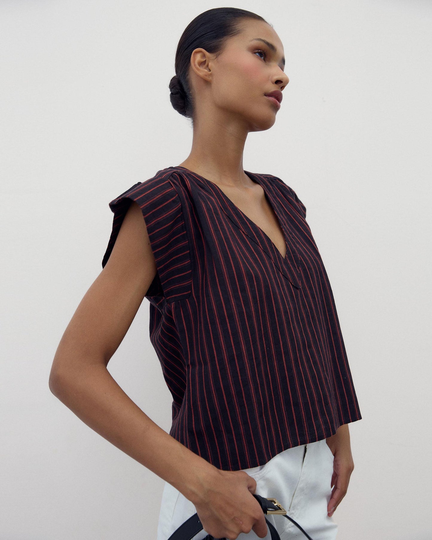 Blusa Manga Curta Estampado Riscas Grená