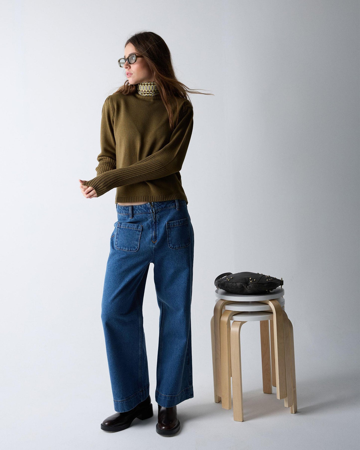 Jersey Pliegues Hombros Rib Mangas Kaki