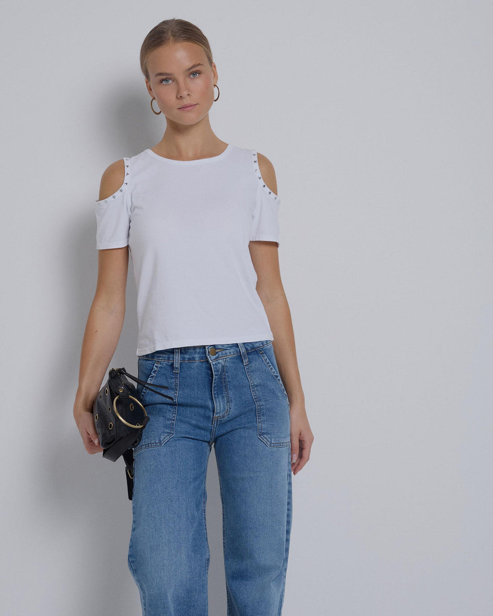 White Studded Shoulder Opening T-shirt