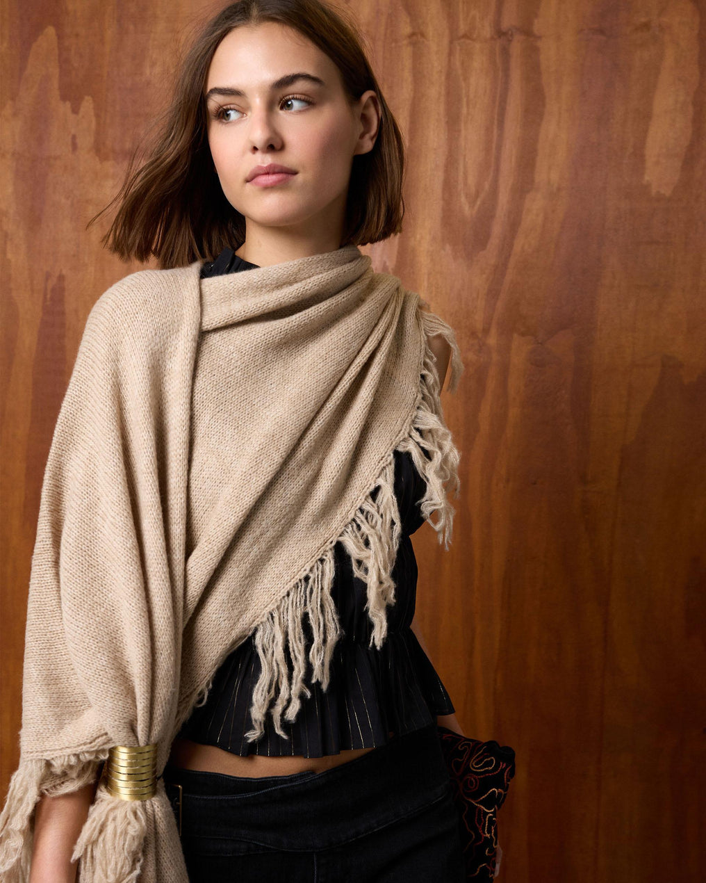 Beige Fringed Poncho