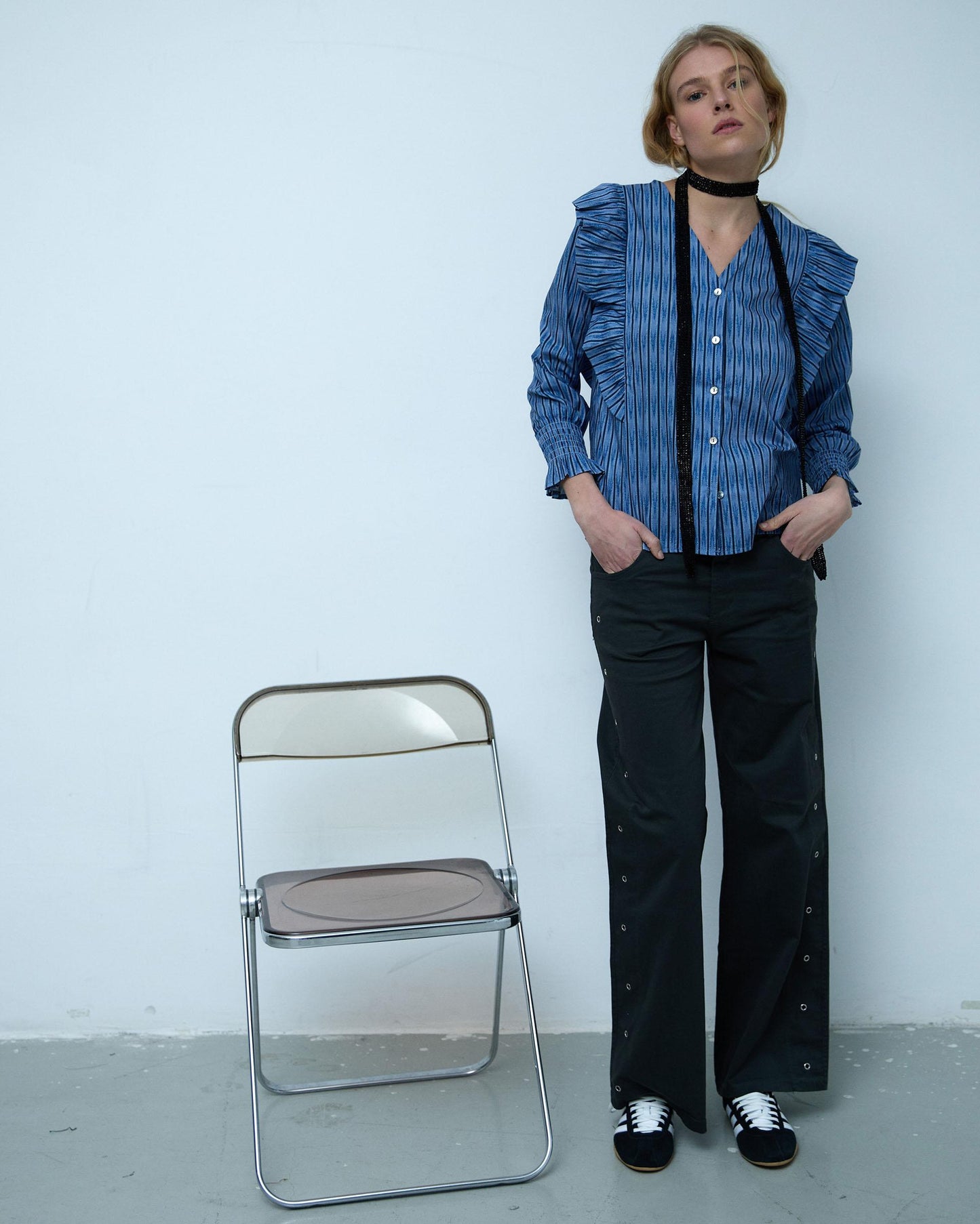 Blusa Volantes Estampado Etnico Azul