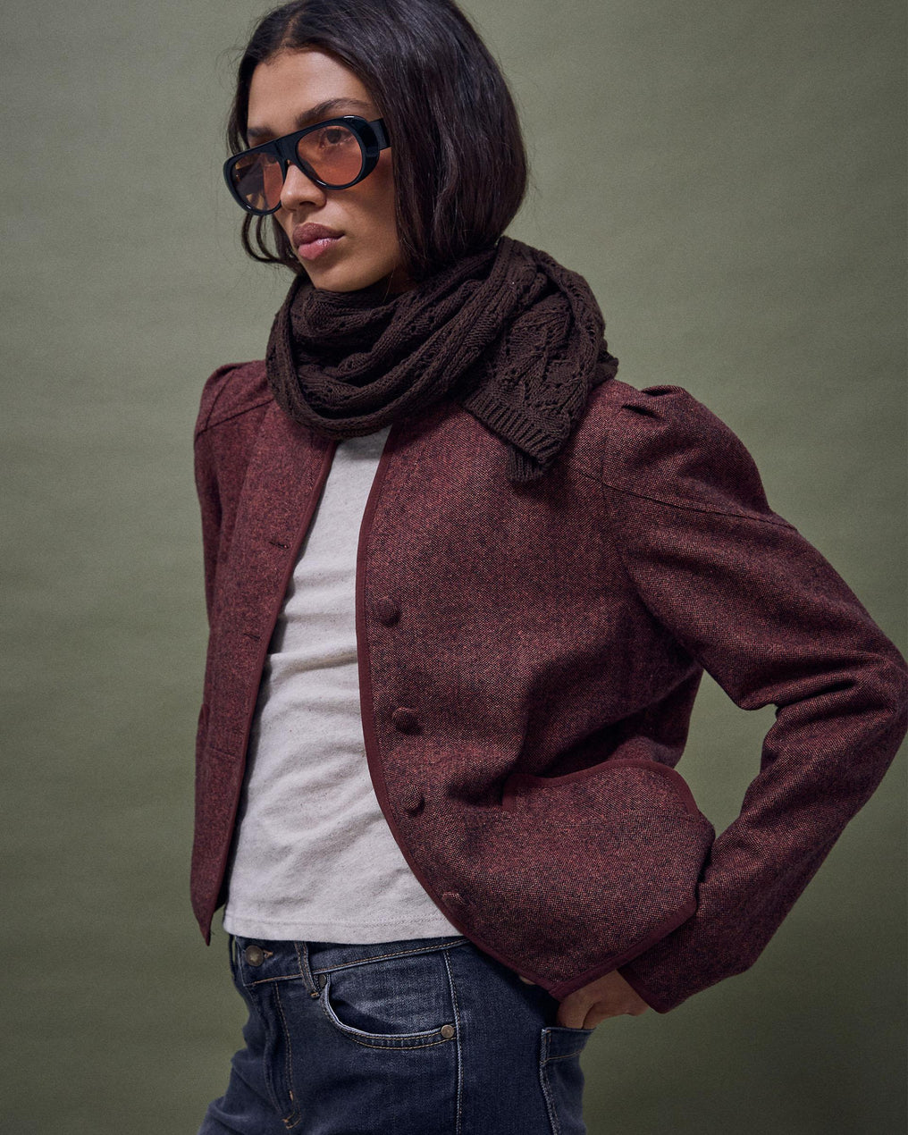 Chaqueta Ribete Contraste Mezcla Lana Teja