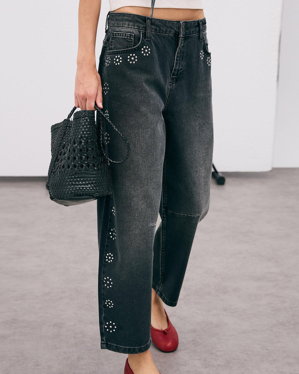 Studded Floral Jeans - Black