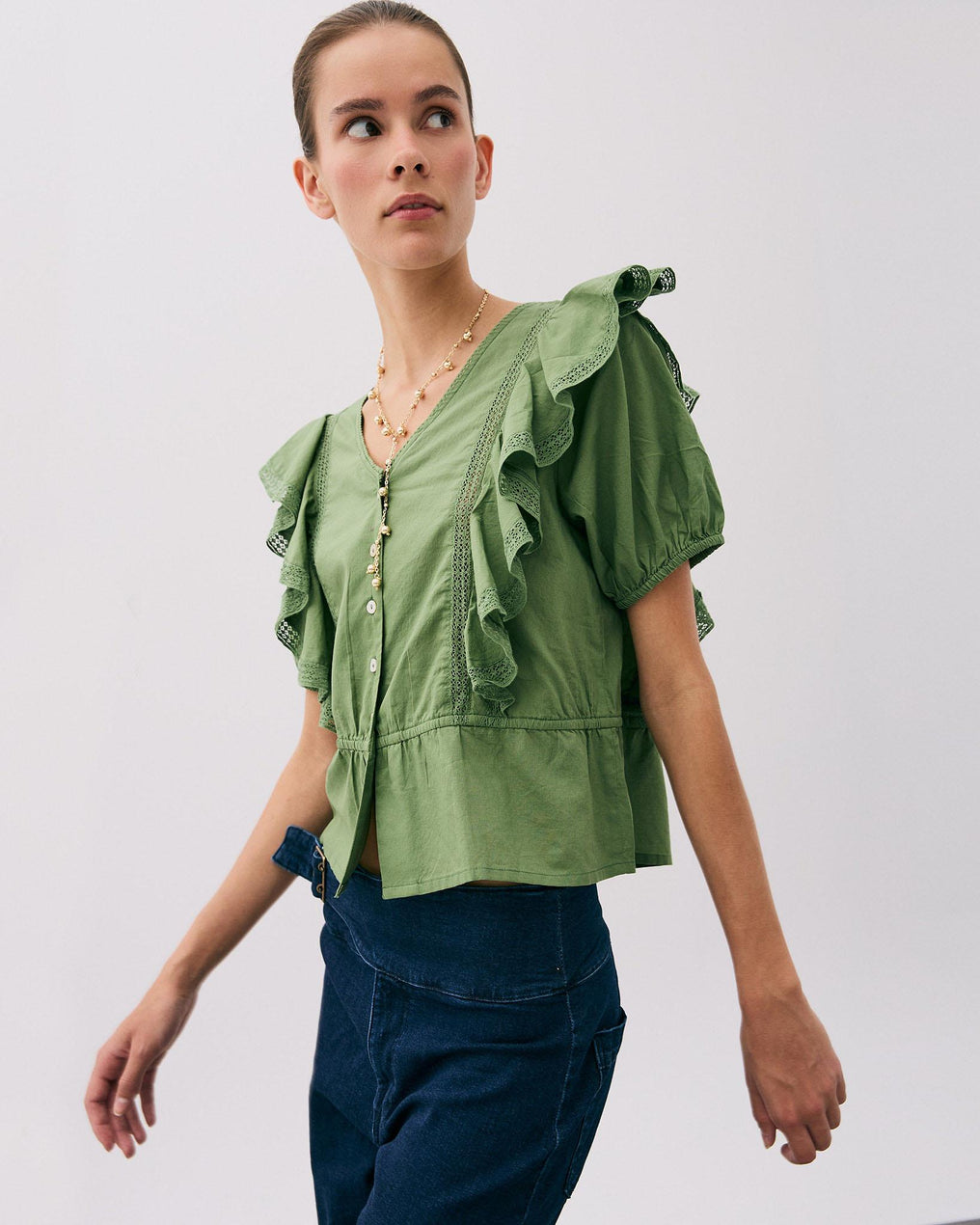 Short Sleeve Ruffle Button Up Blouse Green
