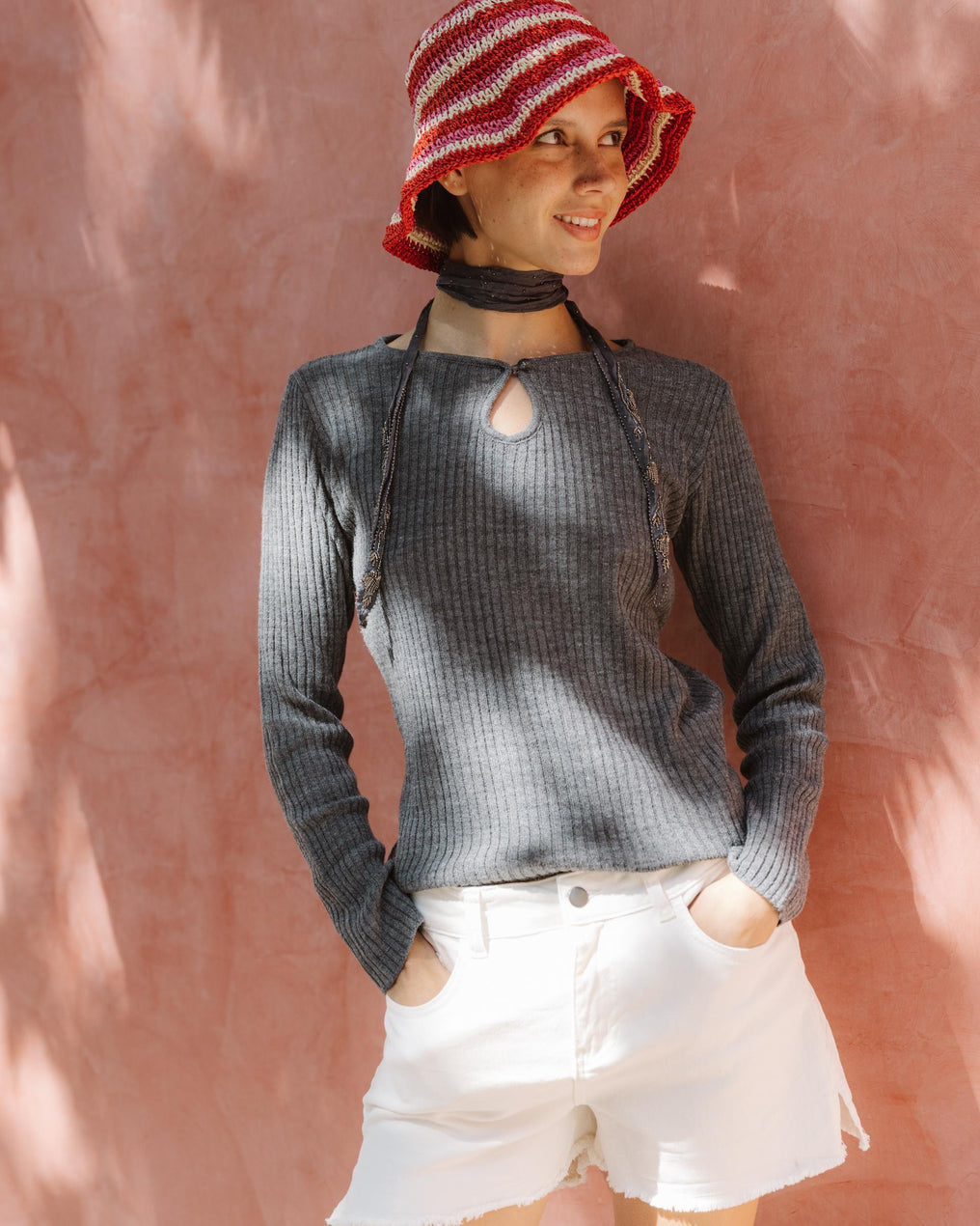 Grey Teardrop Neck Knit Top