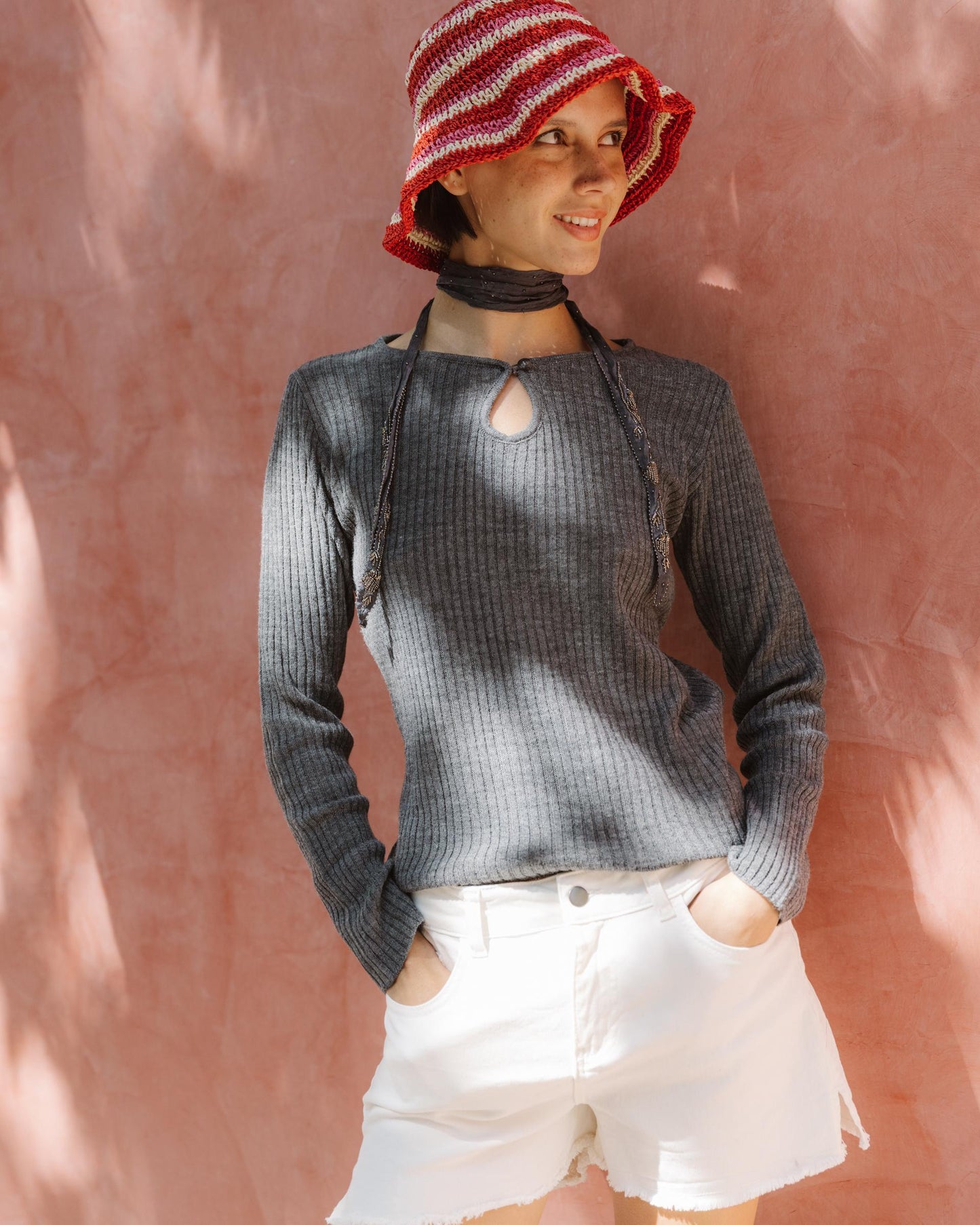 Grey Teardrop Neck Knit Top