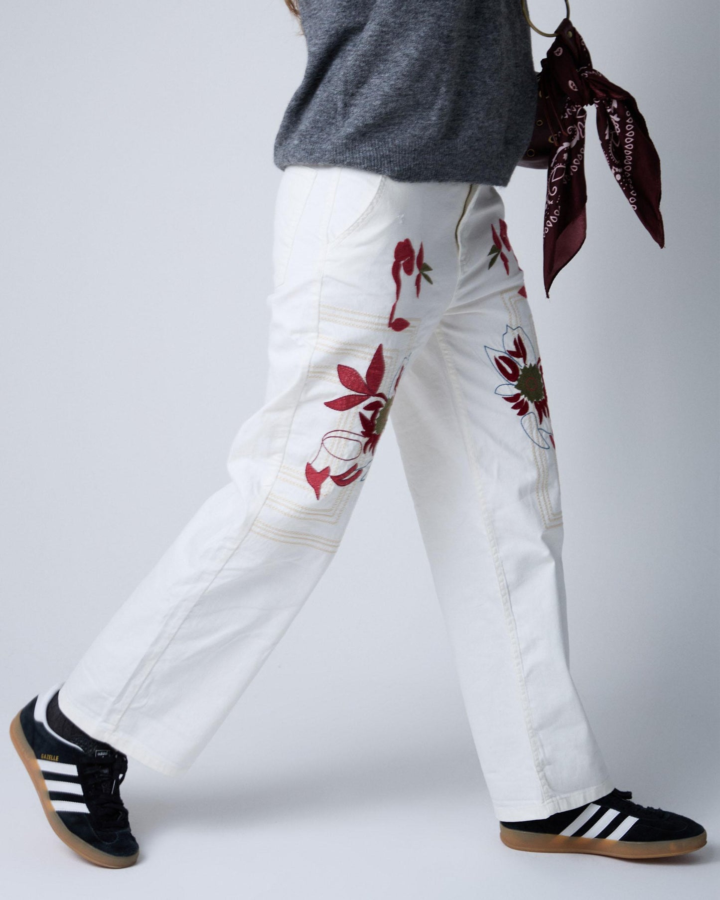 White Floral and Checkered Embroidered Jeans