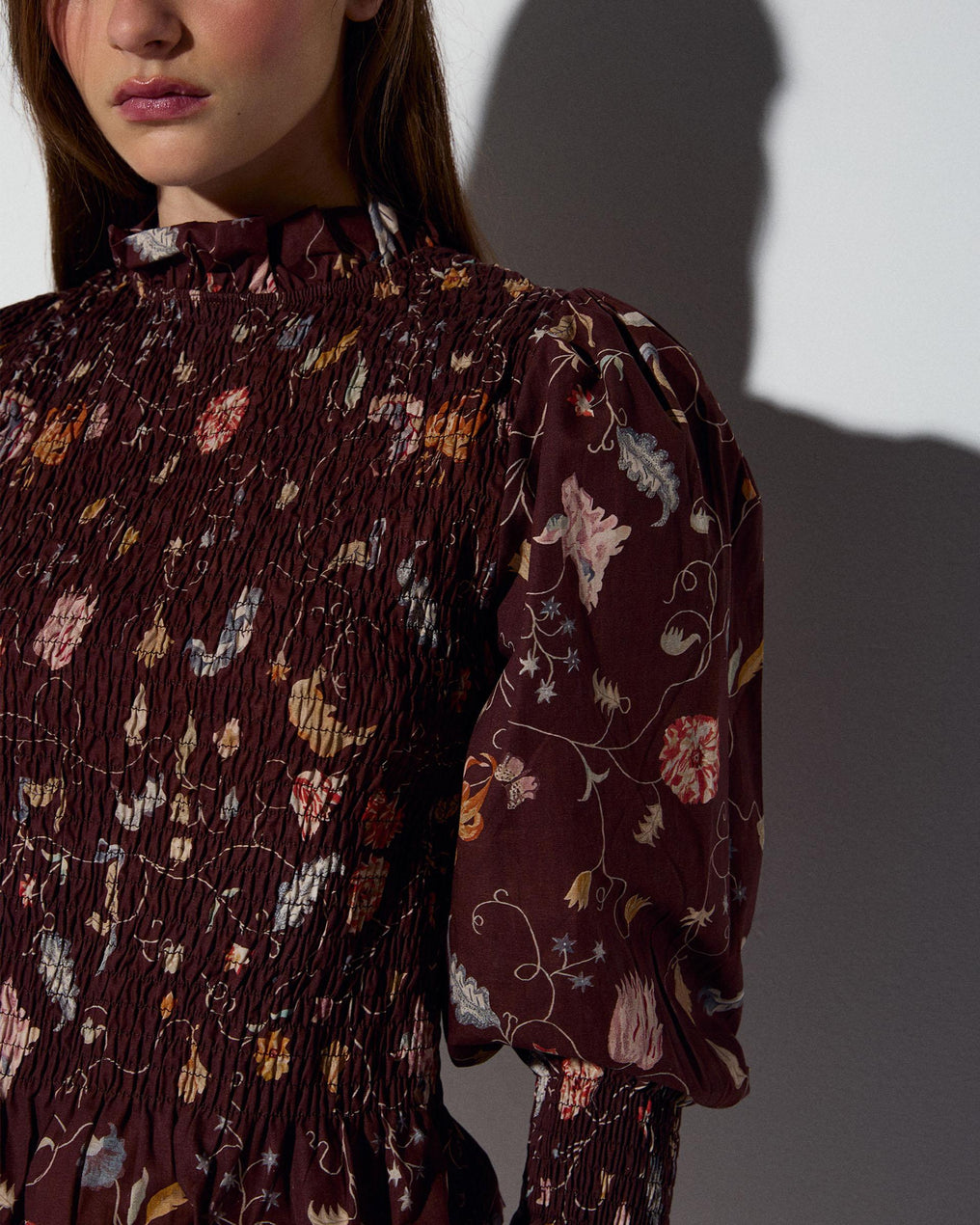Brown Floral Print Honeycomb Blouse
