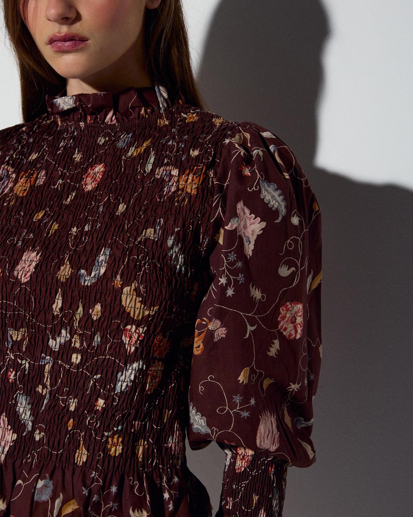 Brown Floral Print Honeycomb Blouse