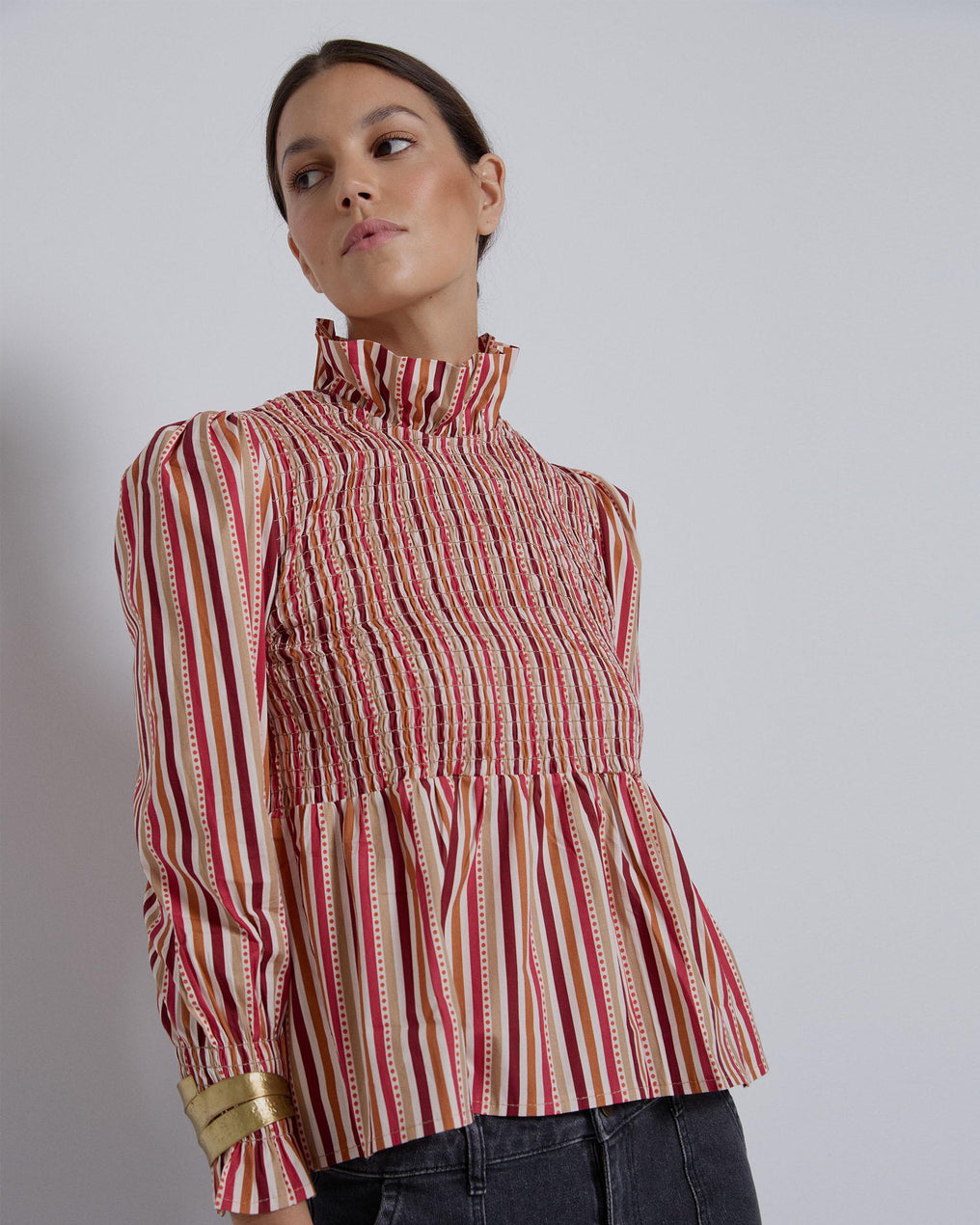 Blusa Nido De Abeja Estampado Rayas Granate