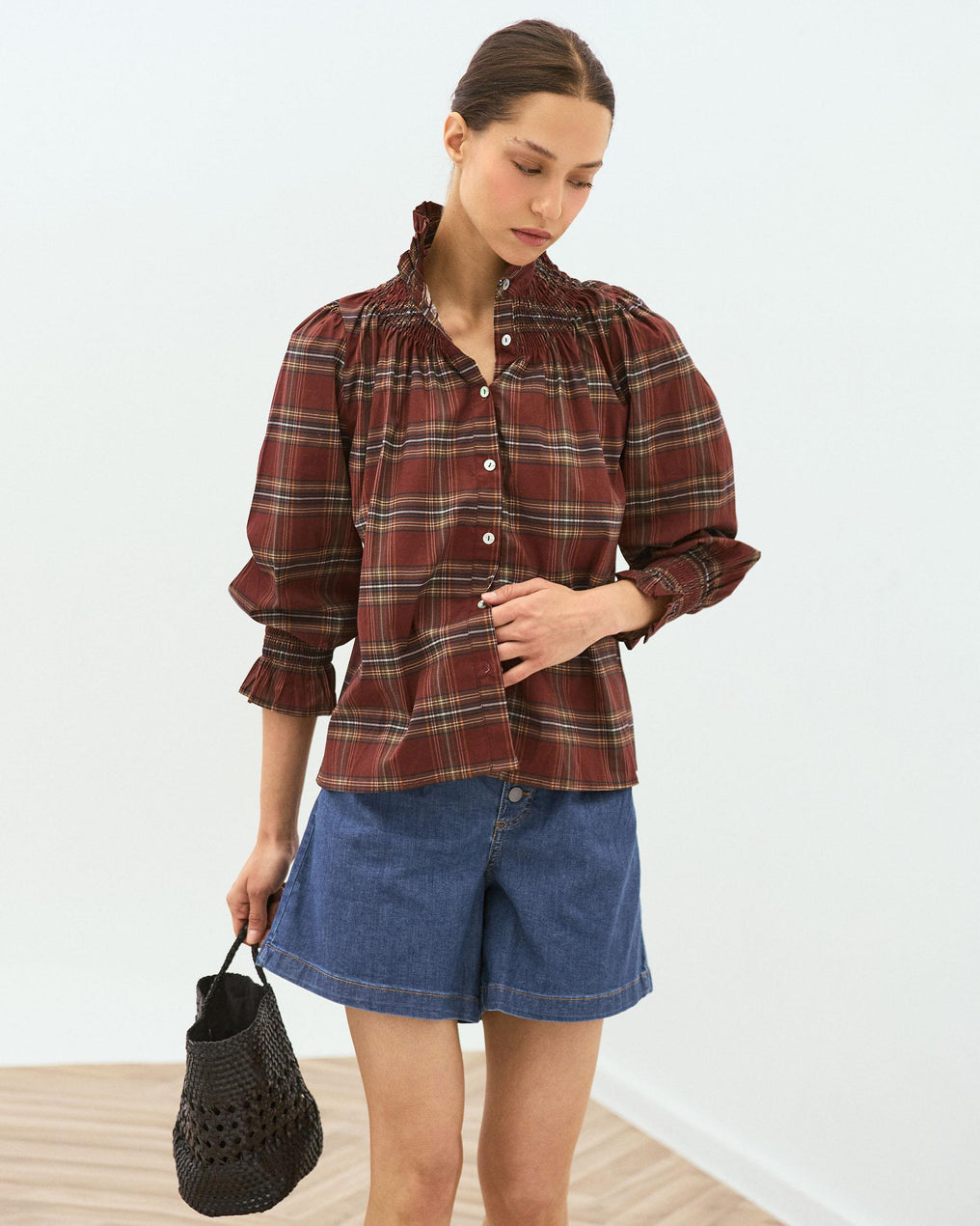 Honeycomb Blouse with Burgundy Checkered Collar