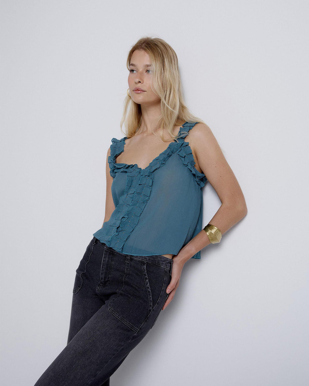 Blue V-Neck Top with Ruffle